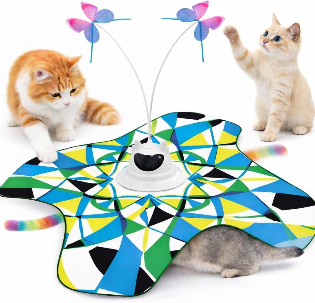 Interactive Cat Toy for Indoor Cats, Rechargeable 3-in-1 Hide & Seek Toy | Touch Activated, Spinning Butterfly, Plush Tail, Ultra Quiet, Rechargeable, Non Slip Base, Self Play for Adult Cats & Kittens