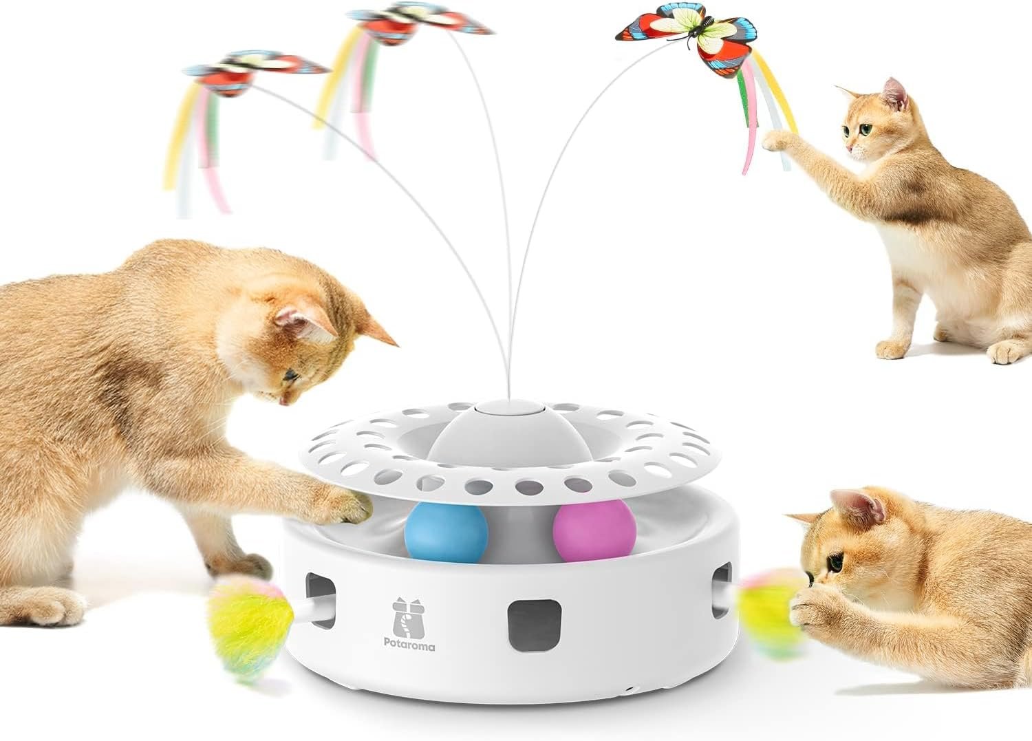 Potaroma Cat Toys 3in1 Automatic Interactive Kitten Toy, Fluttering Butterfly, Moving Feather, Track Balls, Dual Power Supplies, USB Powered, Indoor Exercise Kicker (Bright White) | Fluttering Butterfly, Moving Feather, Balls, Dual Power Supplies, USB Powered, Indoor Kitty Exercise Kicker (Bright White)