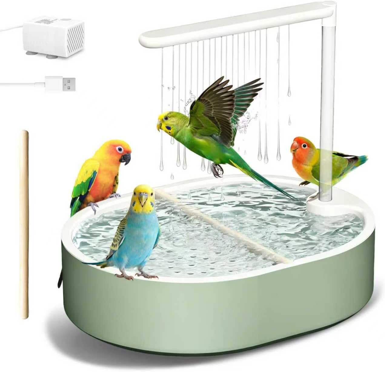 Bird Bath, Parrot Bathtub, Automatic Parrot Shower Bath with Pump | Birds Shower Bathtub with Running Water, Large-Capacity Water Tank,Suitable for Many Kinds of Birds (Green)