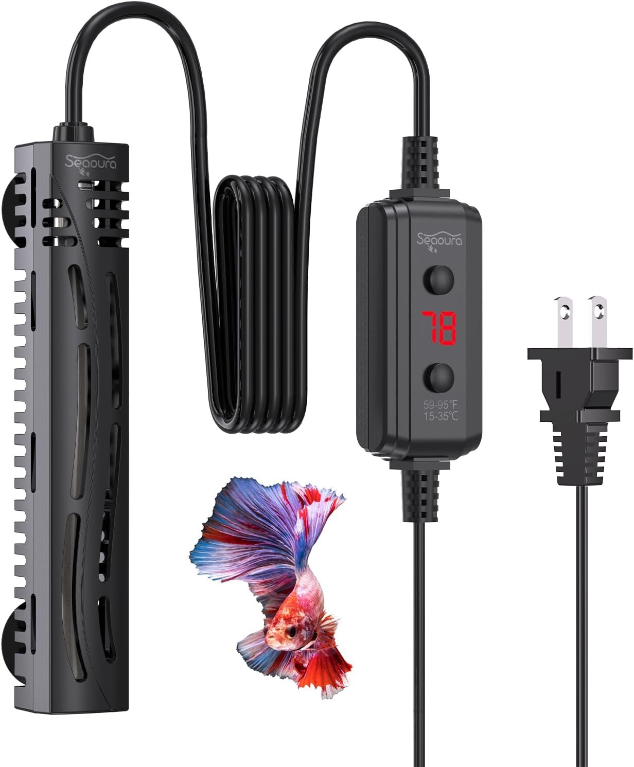 SEAOURA Small Aquarium Heater, 25W Mini Turtle and Betta Fish Tank Heater 1-6 Gallon Tank, Adjustable Submersible Aquarium Heater with External Controller for Freshwater and Saltwater