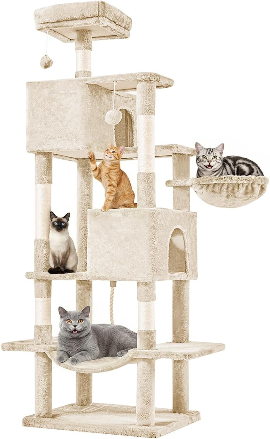 DUMOS Large 66 Inch Cat Tree Tower for Indoor, Beige | Tall Multi Level Cat Climbing Tower with Natural Sisal Scratching Posts, Hammock, Pet Condo for Cats and Kittens