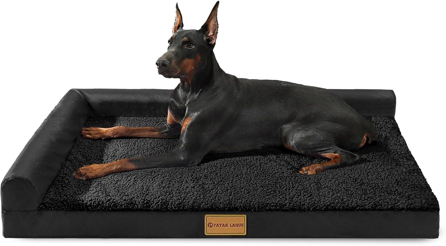 Patas Lague Orthopedic Large Dog Bed Pet Sofa Beds 36”X24” Black | L Bolster Egg-Crate Foam Dog Couch For Large Sized Dogs, Waterproof Removable Washable Cover, Pet Mat with Nonskid Bottom