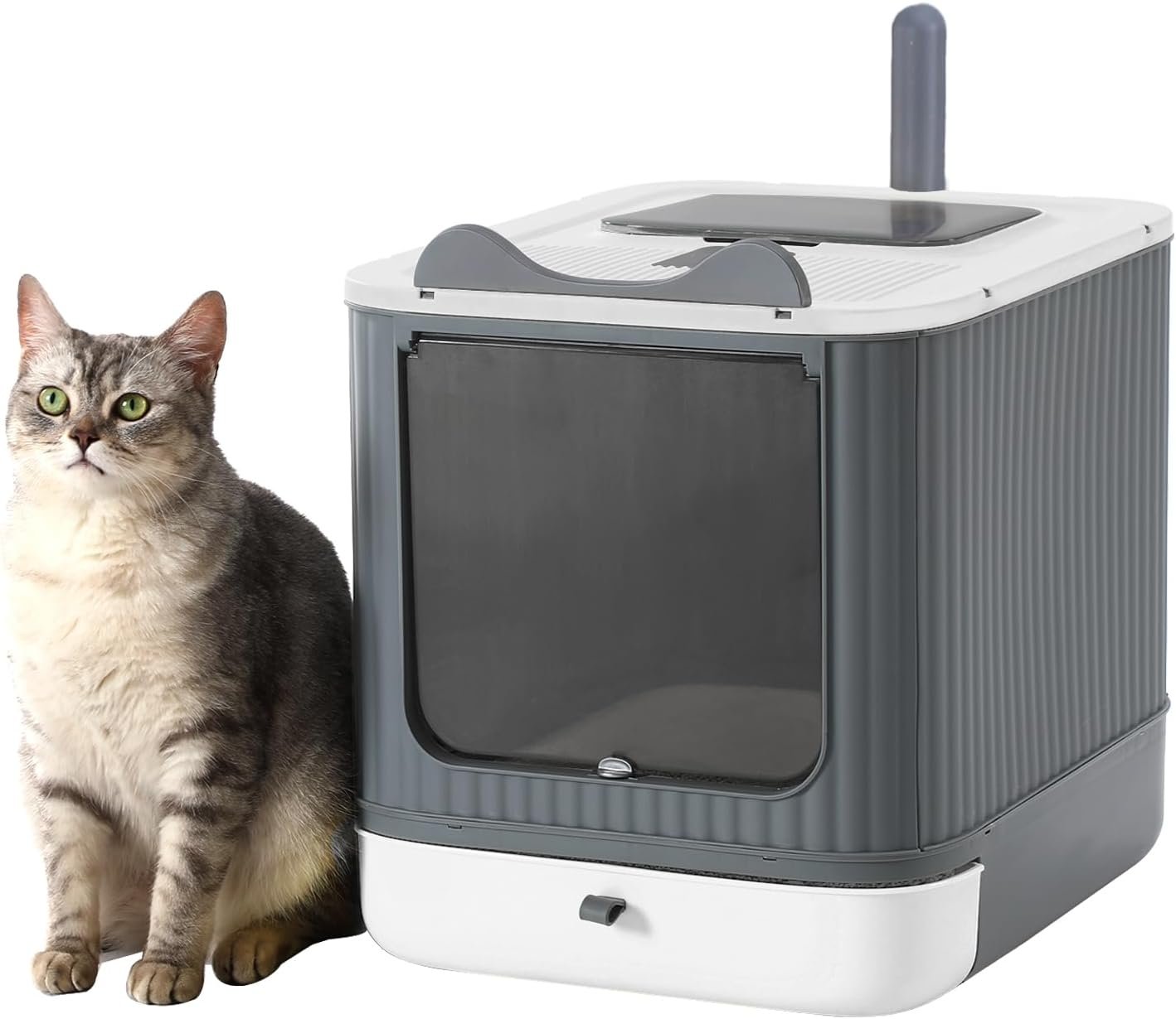 Foldable Enclosed Cat Litter Box with Lid, for Kitten to Medium, Gray-White | LCZLBRRD, Fully Enclosed, Anti-Splash, Easy Clean, Easy Install, Odor Control, 3 Modes for Kitten to Senior