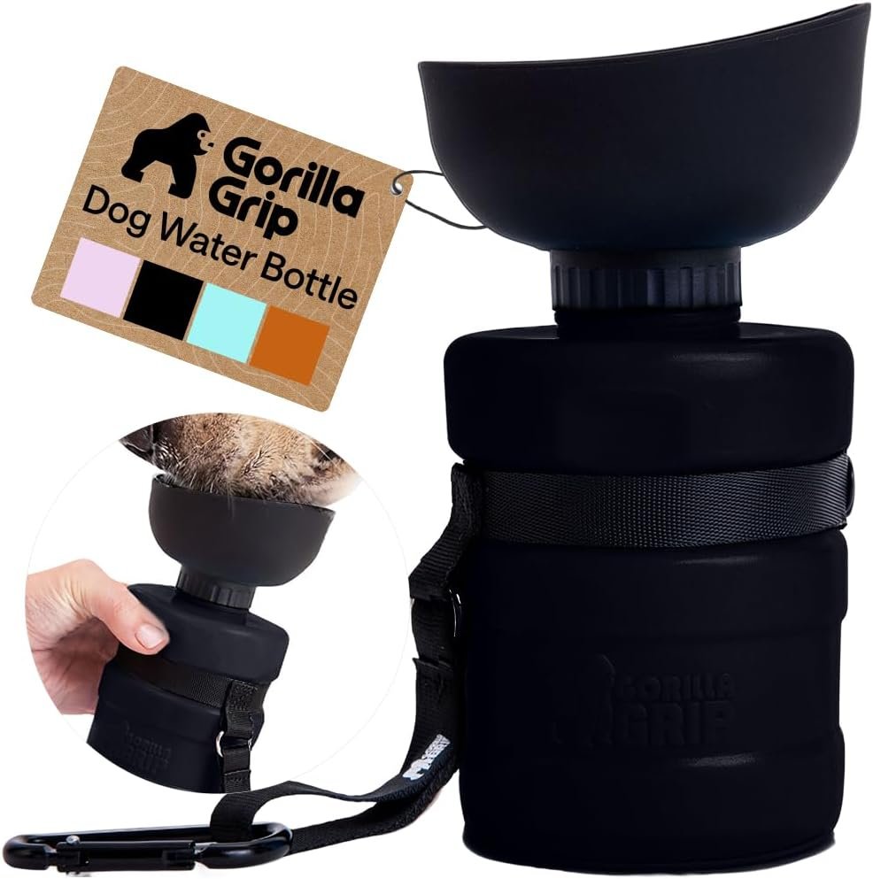 GORILLA GRIP Dog Water Bottle, Portable Water Bowl Dispenser for Dogs, 12 oz Leak Proof Pet Travel Squeeze Bottles Food Grade Silicone, Pet Stocking to Go Puppy Essentials, Black