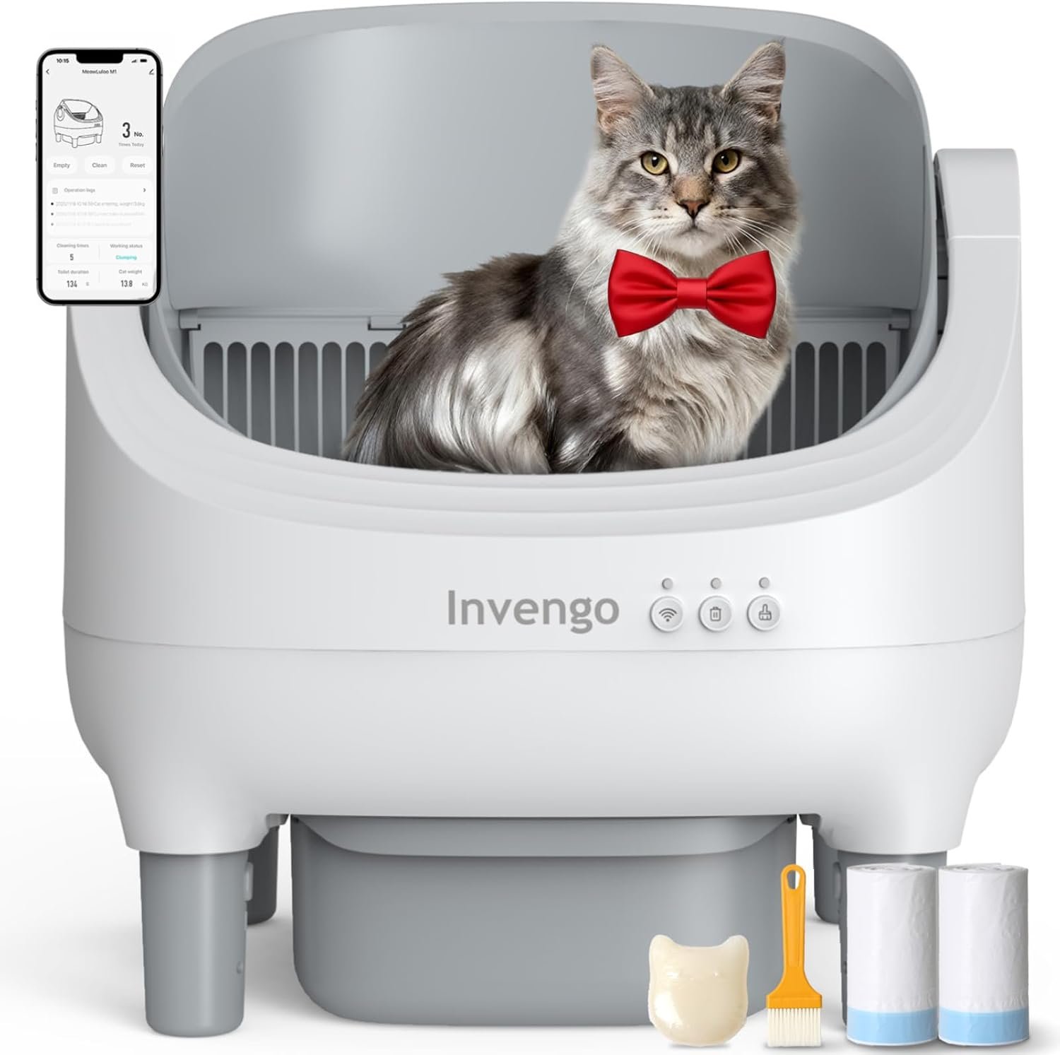 Invengo Automatic Cat Litter Box Self Cleaning, App Control, Open-Top Automatic Litter Box with Safety Sensors, Ultra-Quiet, 10.5L Waste Bin with Odor Control, 2 Rolls of Garbage Bags, LightGrey