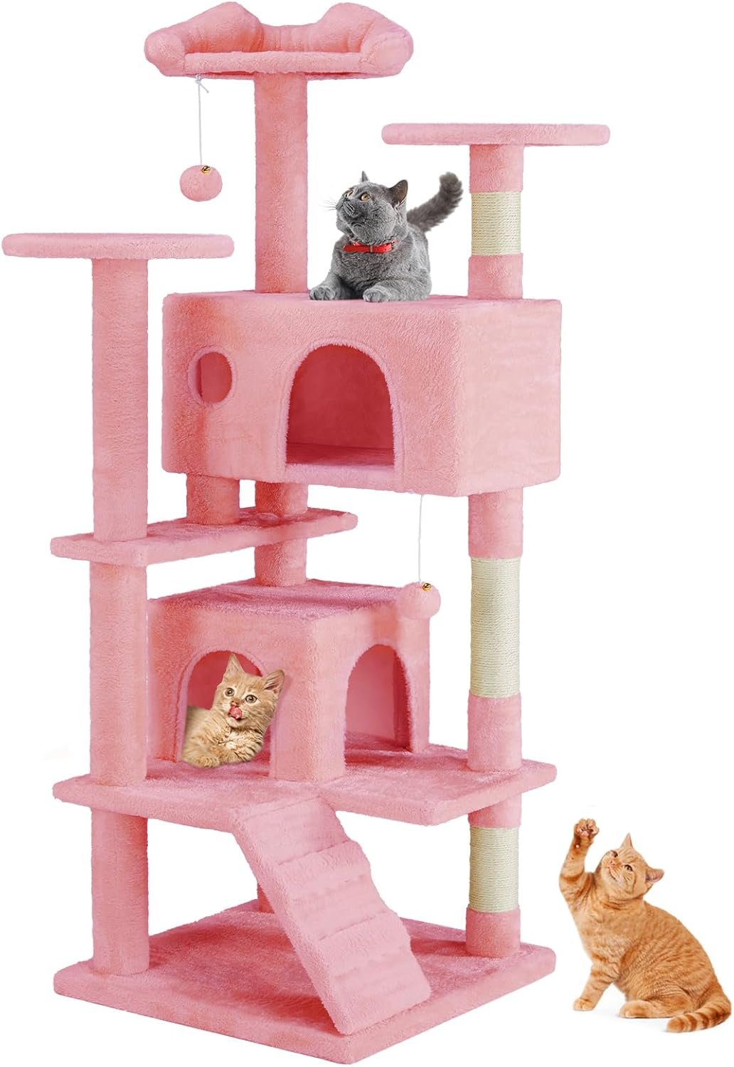 Sweetcrispy 54-inch Cat Tree Tower with Scratching Posts, Indoor Use | Multi-Level Indoor Cat Tree Condo with Climbing Ladder, Plush Toy, Play House for Kitten, Pink