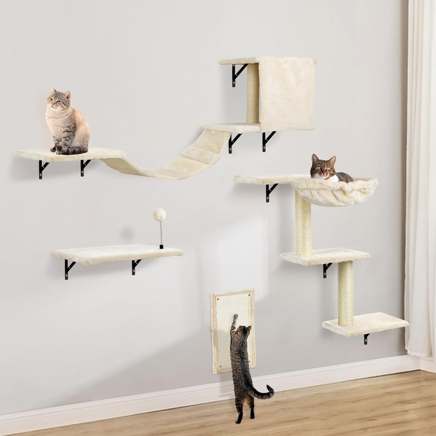 Cat Wall Shelves, Space-Saving Wall-Mounted Cat Climbing Set for Large Cats | Multi-Level Climbing System, Wall Furniture, Bed, Steps, Hammock, Wall Scratcher, Indoor Cat 40 lbs Small Place Corner Room