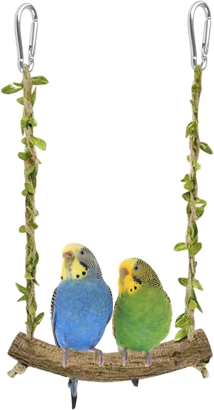 Natural Wood Bird Swing Perch with Decorative Leaves – 7.1″ Durable Bird Stand Platform Toy for Cage, Hanging Budgie Parakeet Hammock Accessories for Lovebirds, Cockatiels, Conures, Finches