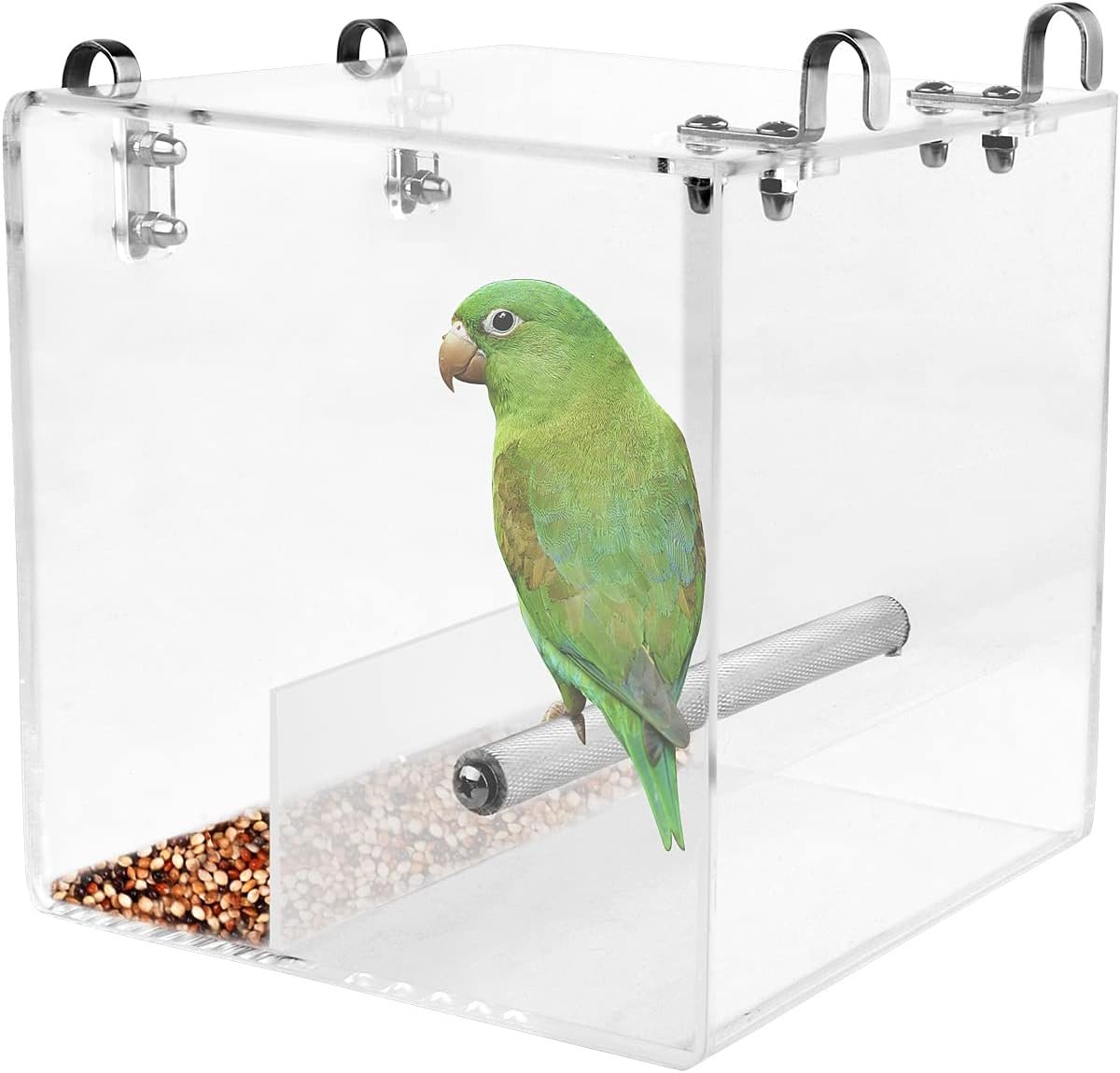 No Mess Bird Feeder for Cage – Automatic Bird Feeder Transparent Food Container Acrylic No Spill Cage Seed Catcher with Stainless Steel Hooks for Parrot Parakeet Cockatiels Lovebirds