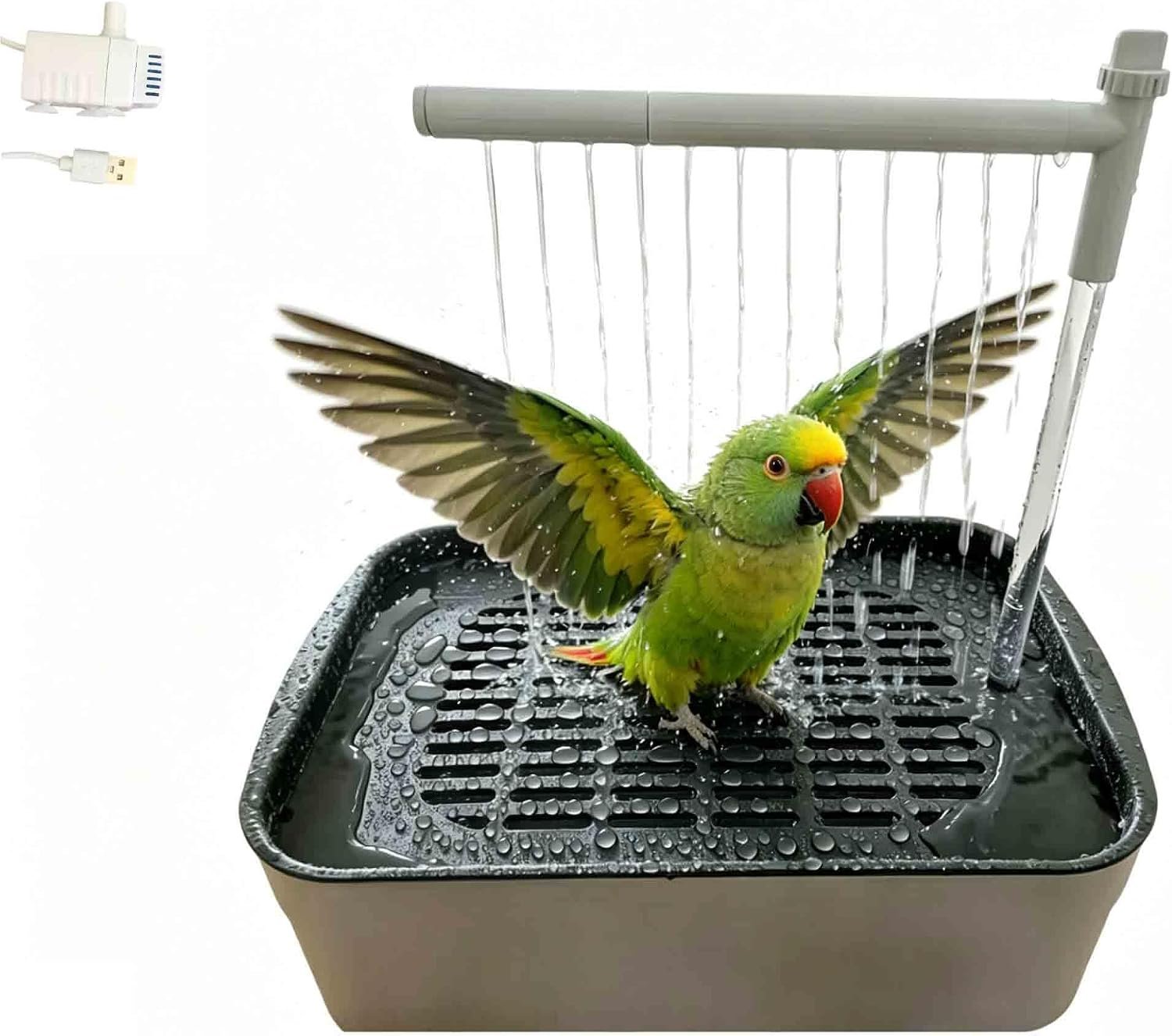 Automatic Parakeet Bird Bath with Pump,Adjustable Water Flow & Parrot Shower,USB Powered Bird Fountain Bathtub for Cage,Quiet Circulating Water System for Budgie,Lovebird (S)