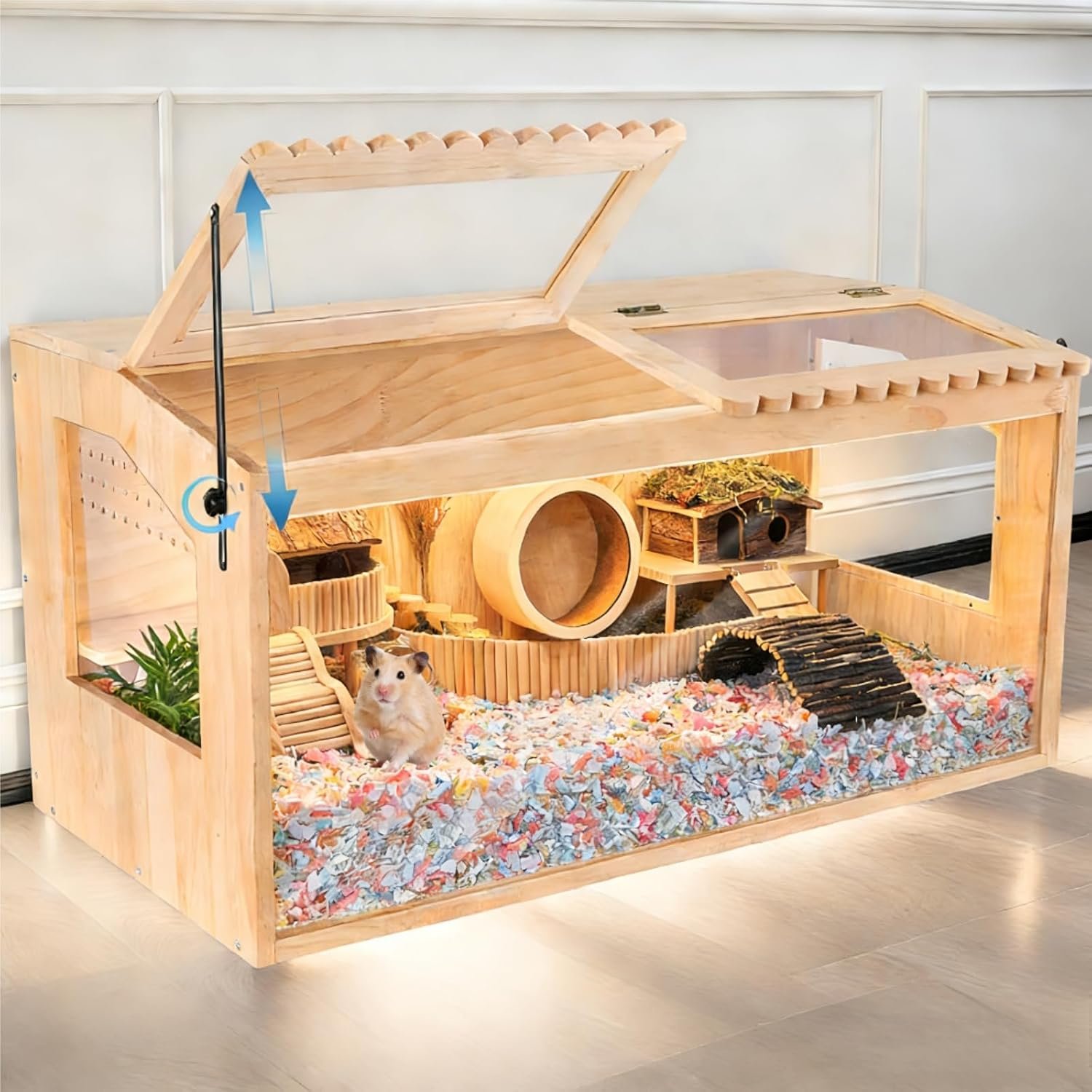Wooden Hamster Cage,32″x16″Large Hamster Cage,2 Washable Liners & 2 Adjustable Ventilation Window. Small Animal Cage for Dwarf Syrian Hamsters Degus Mice & Other Small Pets.