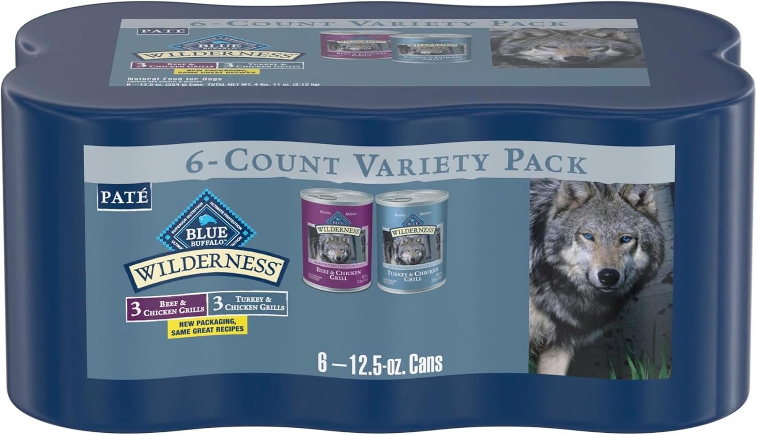 Blue Buffalo Wilderness Beef and Chicken Grill and Turkey and Chicken Grill High-Protein Wet Dog Food for Adult Dogs, 12.5 oz. Cans, 6 Count Variety Pack