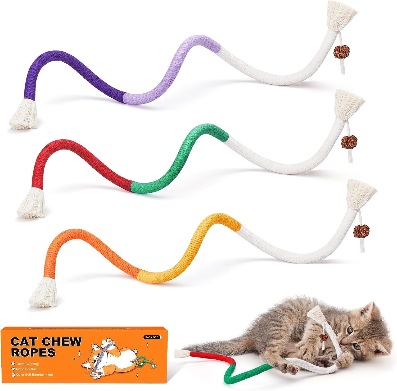 Potaroma Cat Toys Chew Ropes 3Pcs with Refillable Natural Catnip, Safe Teeth Cleaning Toy for Indoor Kittens, Interactive Cat Nip Kitty Toys for All Breeds 19.5 Inches | Safe Teeth Cleaning & Teething for Indoor Kittens, Interactive Cat Nip Kitty Toys for All Breeds 19.5 Inches