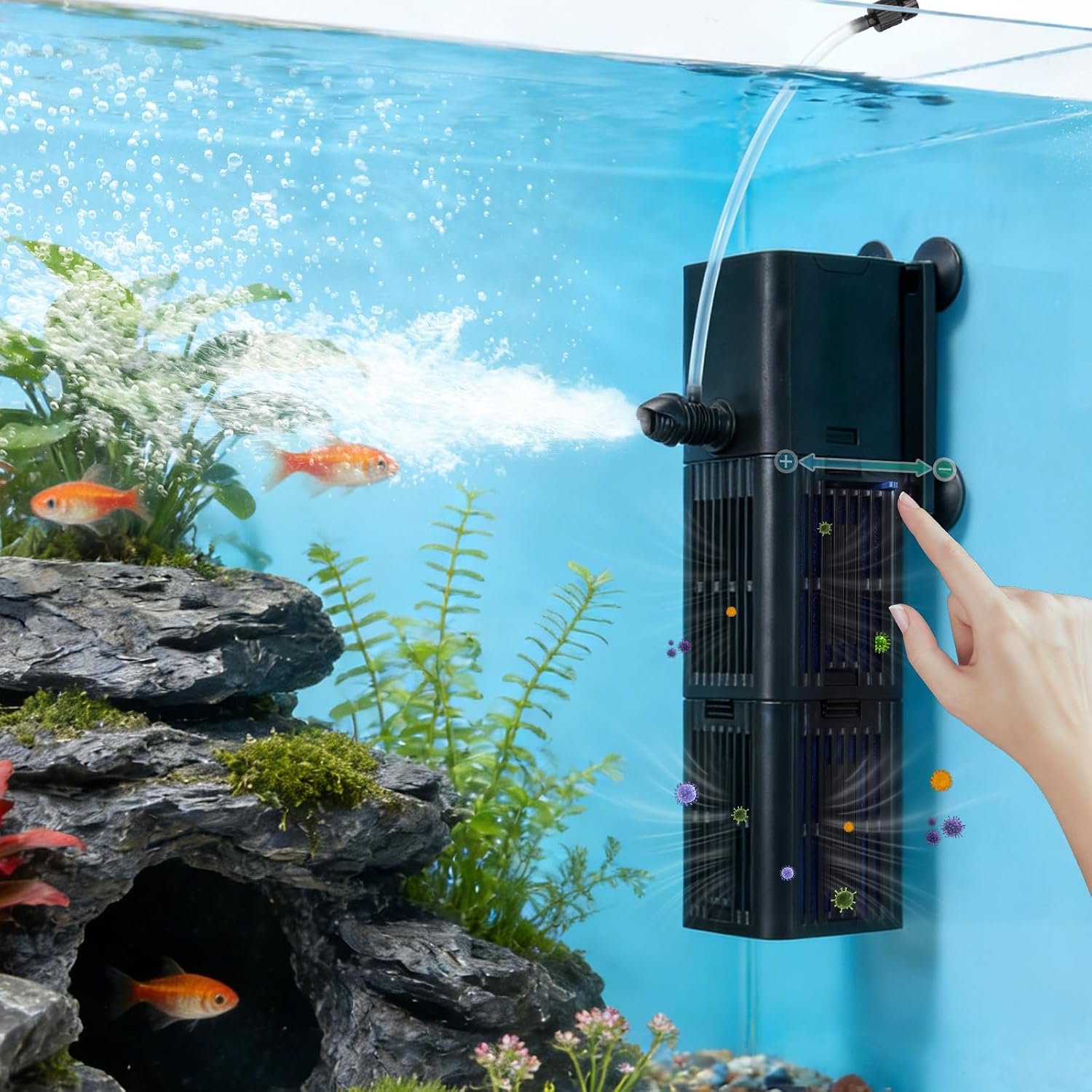 TARARIUM 20-40Gal Aquarium Filter for Fish Tank,4-in-1,Flow Rate Adjustable | Reusable Bio-Sponge Filtration, Flexible 1–2 Compartments, Internal Filter, Aeration, Saltwater Freshwater, Small, 132GPH