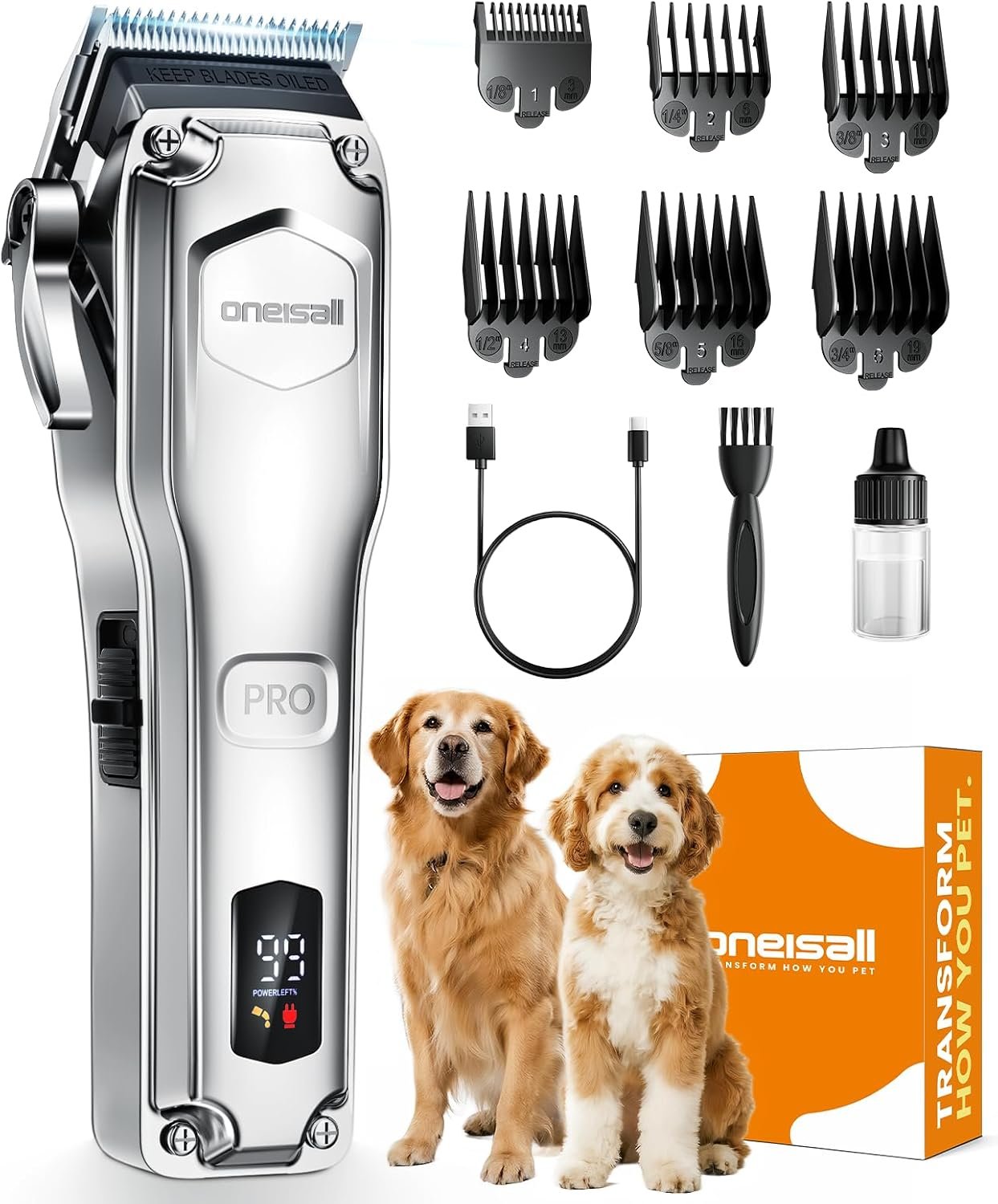 oneisall PC18 Dog Clippers for Grooming for Thick Coat | 6800 RPM High-Speed, Detachable Stainless Steel Blades,4 hours of battery life, Dog Shaver for Thick/Matted/Knotted/Hair
