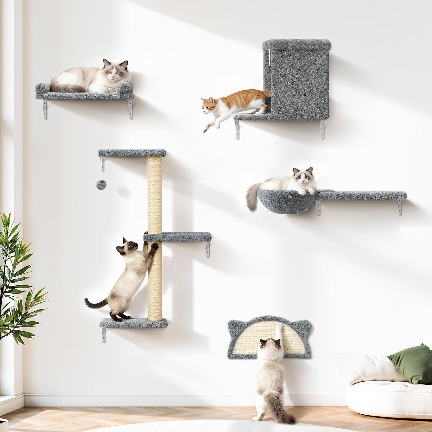 5-in-1 Cat Wall Shelves, Solid Wood Cat Wall Furniture Set for Indoor Cats | 44 lb per Shelf, 72-Hour Load Tested, Pre-Drilled, Fits 16 in. Stud Drywall & Solid Walls, for Small to Medium Cats