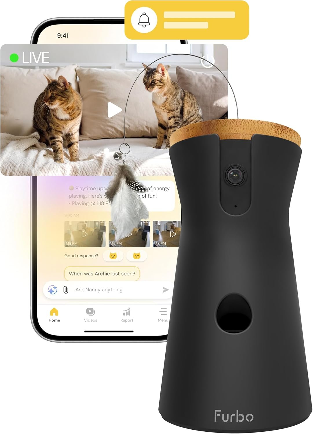 Furbo 360° Cat Camera [Paid Plan Required to Activate] | Stay connected with AI Cat & Home Safety Alerts, Auto-Tracking, Video History & 2-Way Audio. Paid Plan Required (3mo min)