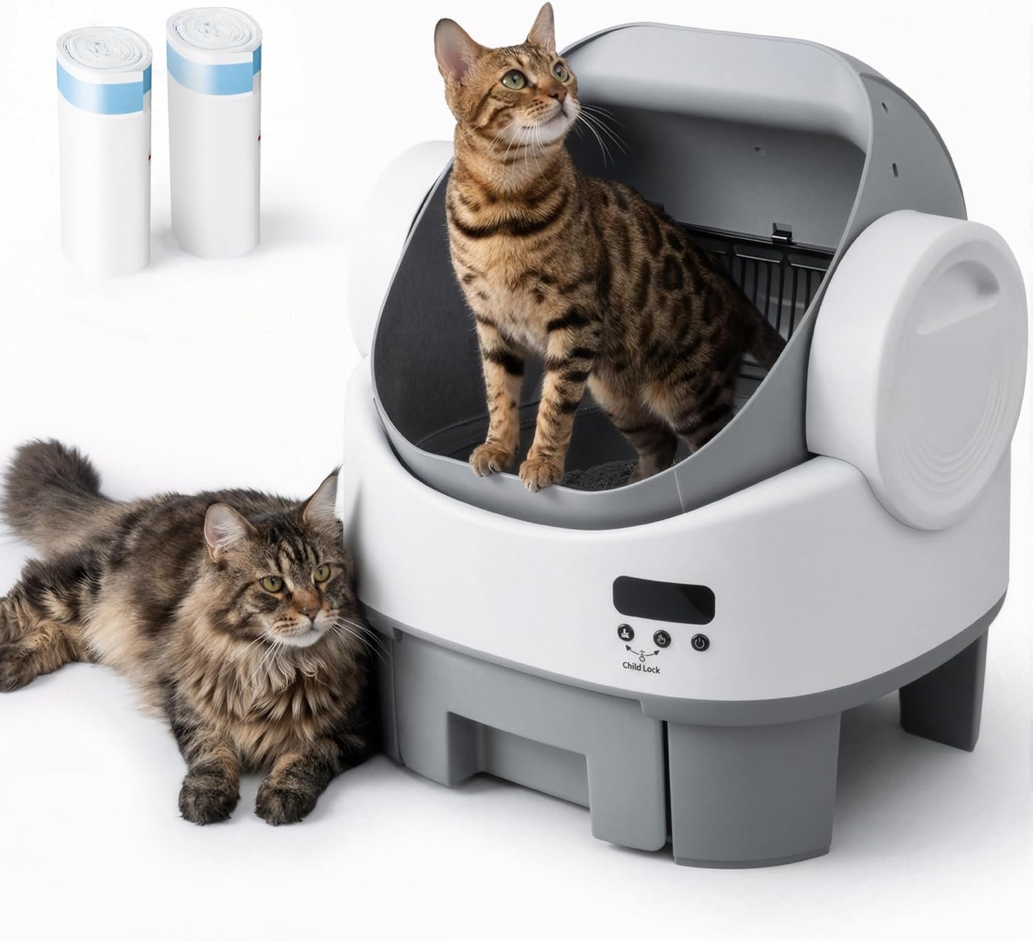 WARCAT Self-Cleaning Litter Box – Open Top, Child Lock, Gray | No APP needed. 10L waste drawer. Includes bags & mat. Great for multi-cat. Easy setup.