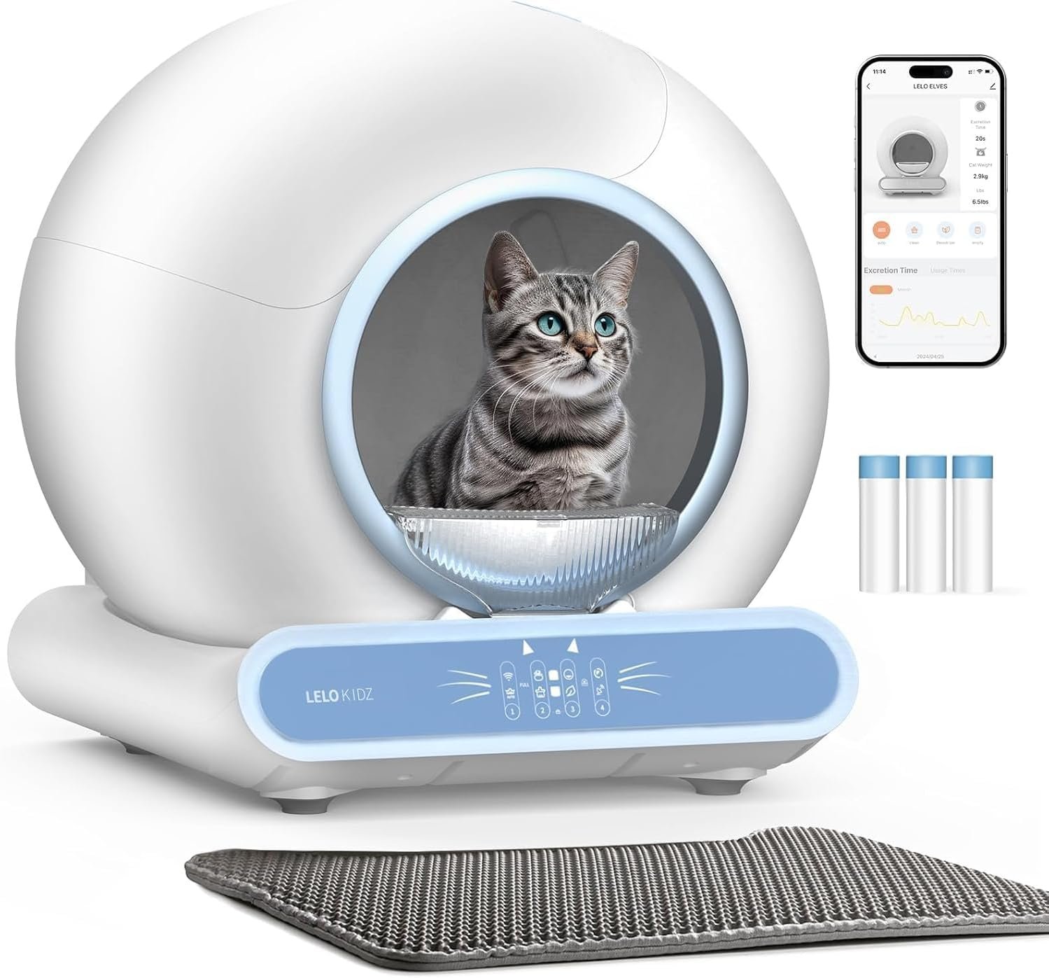 Self Cleaning Litter Box, Integrated Safety Automatic Cat Litter Box Self Cleaning 65L+9L for Multiple Cats, App Control, Odor Removal, Includes Mat & Liner (3 Rolls) – Blue
