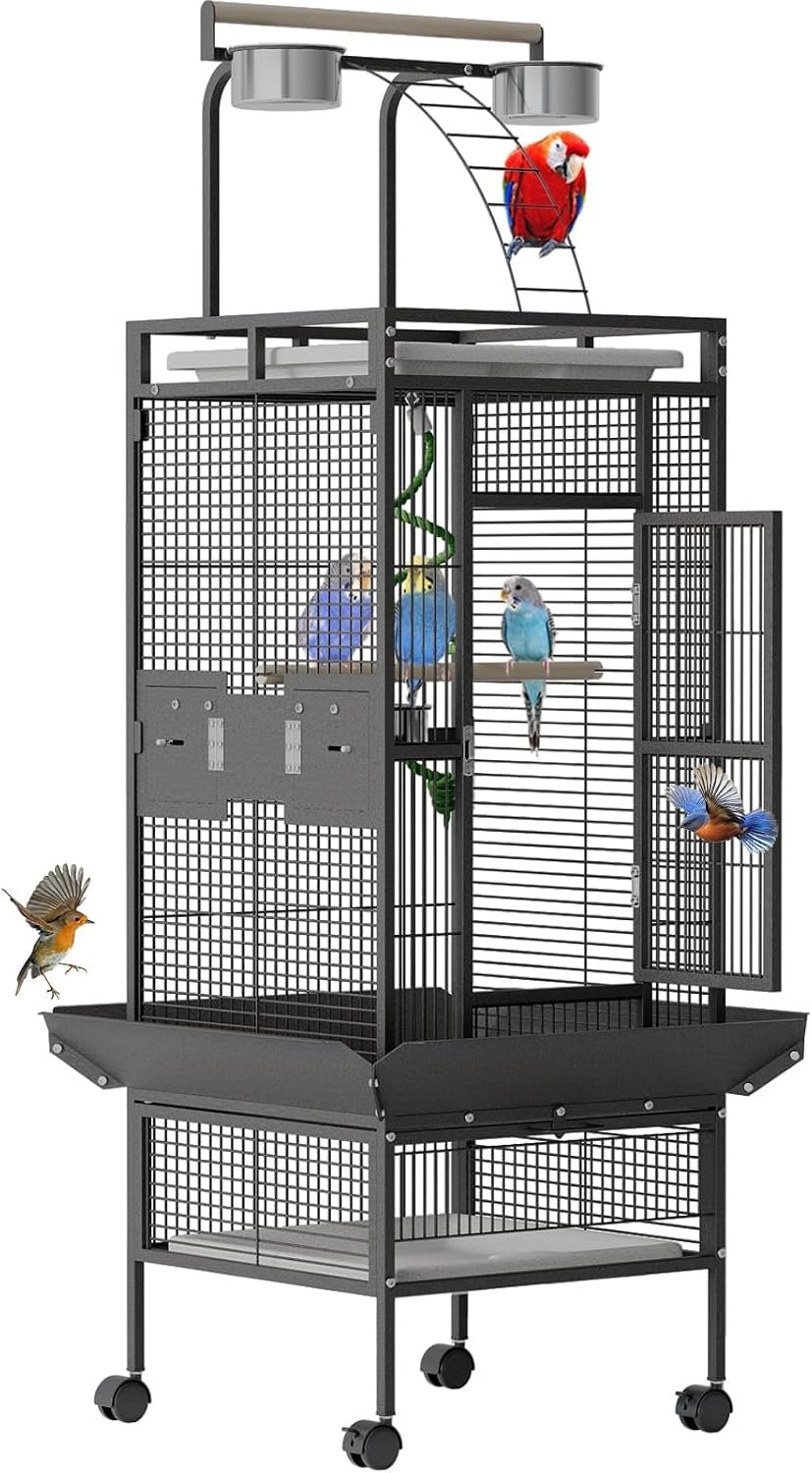 60″ Large Wrought Iron Bird Cage with Rolling Stand, Play Top & 4 Stainless Steel Bowls, Metal Parrot Cage for African Grey, Cockatiel, Conure, Lovebird, Budgie, Black