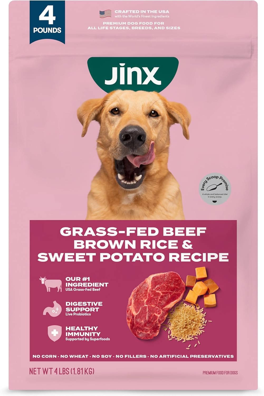 Jinx Dry Dog Food – Grass-Fed Beef, Brown Rice & Sweet Potato, 4lb | Premium Kibble for Digestive Support & Healthy Immunity – No Fillers, All Lifestages (Puppy, Adult & Senior), Breeds & Sizes