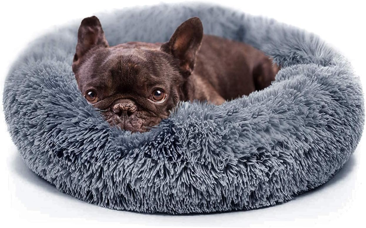 Small Calming Dogs Bed for Small Dogs Anti-Anxiety Machine Washable Fluffy Luxury Anti-Slip Waterproof Mute Base Warming Cozy Soft Pet Puppy Round Bed | Soft plush calming bed with raised bolster,cozy donut design and washable cover for small dogs and puppies