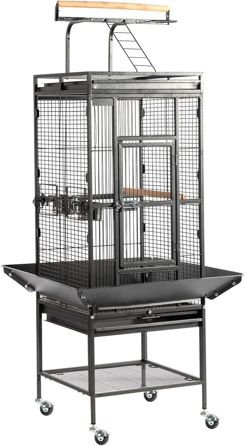 VINGLI Bird Cage with Wheels, 62 inch Bird Cages with Play Top, Wrought Iron Cage with Rolling Stand for Parrots, Cockatiels, Budgies, Lovebirds, Small/Medium Birds (Black)