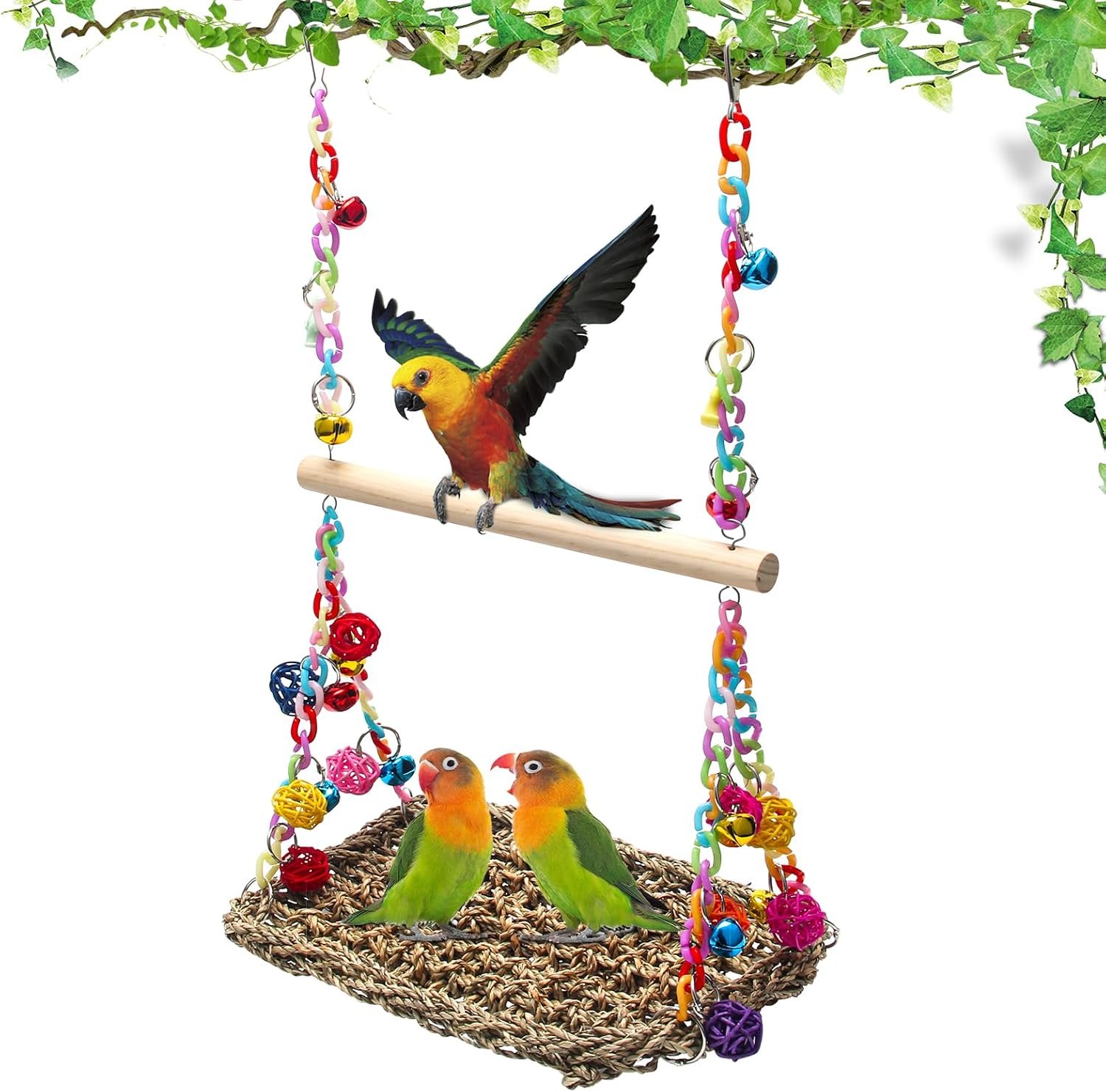 Bird Swing Mat with Wood Perch, AHIER Seagrass Bird Hammock for Conures with Chewing Toy for Parakeets, Budgie, Cockatiel Cage Accessories