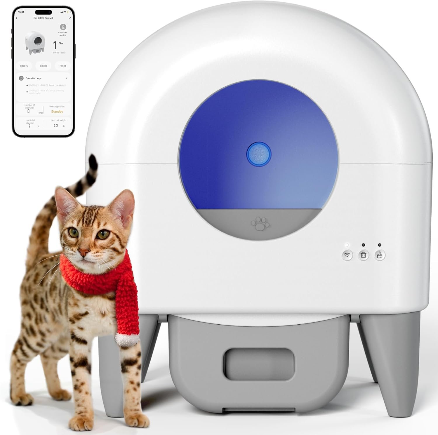 Fumoi Self Cleaning Litter Box, Automatic Litter Box Self Cleaning Large Capacity for Multiple Cats, App Control with Safety Sensors, Removable Washable Liner,2 Pack Garbage Bags,Grey
