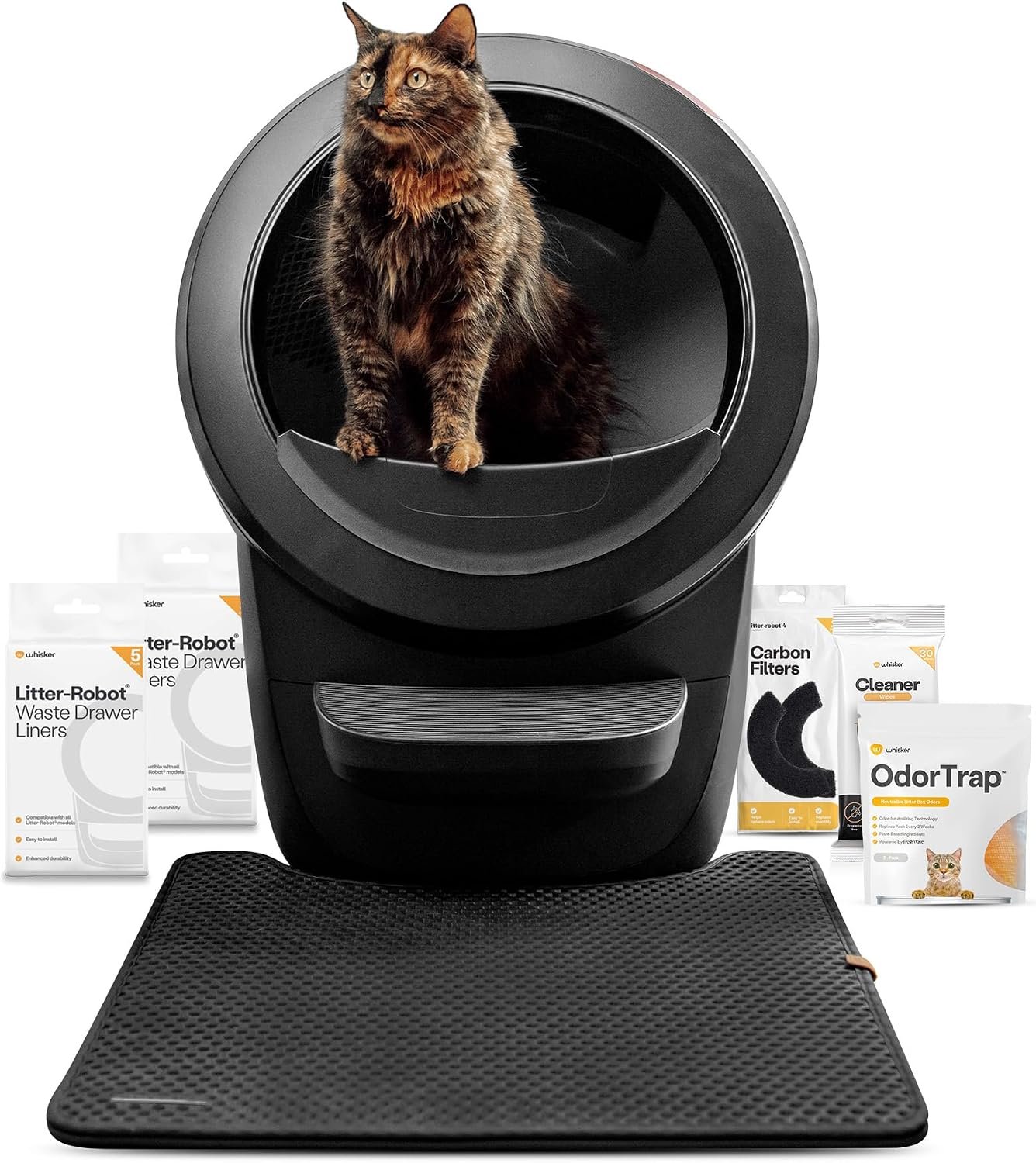 Litter-Robot 4 Supply & Accessory Bundle by Whisker, Black – Automatic | Automatic Self-Cleaning Cat Litter Box, Includes Mat, 3 OdorTrap Packs, 10 Liners, 30 Wipes, & 2 Carbon Filters