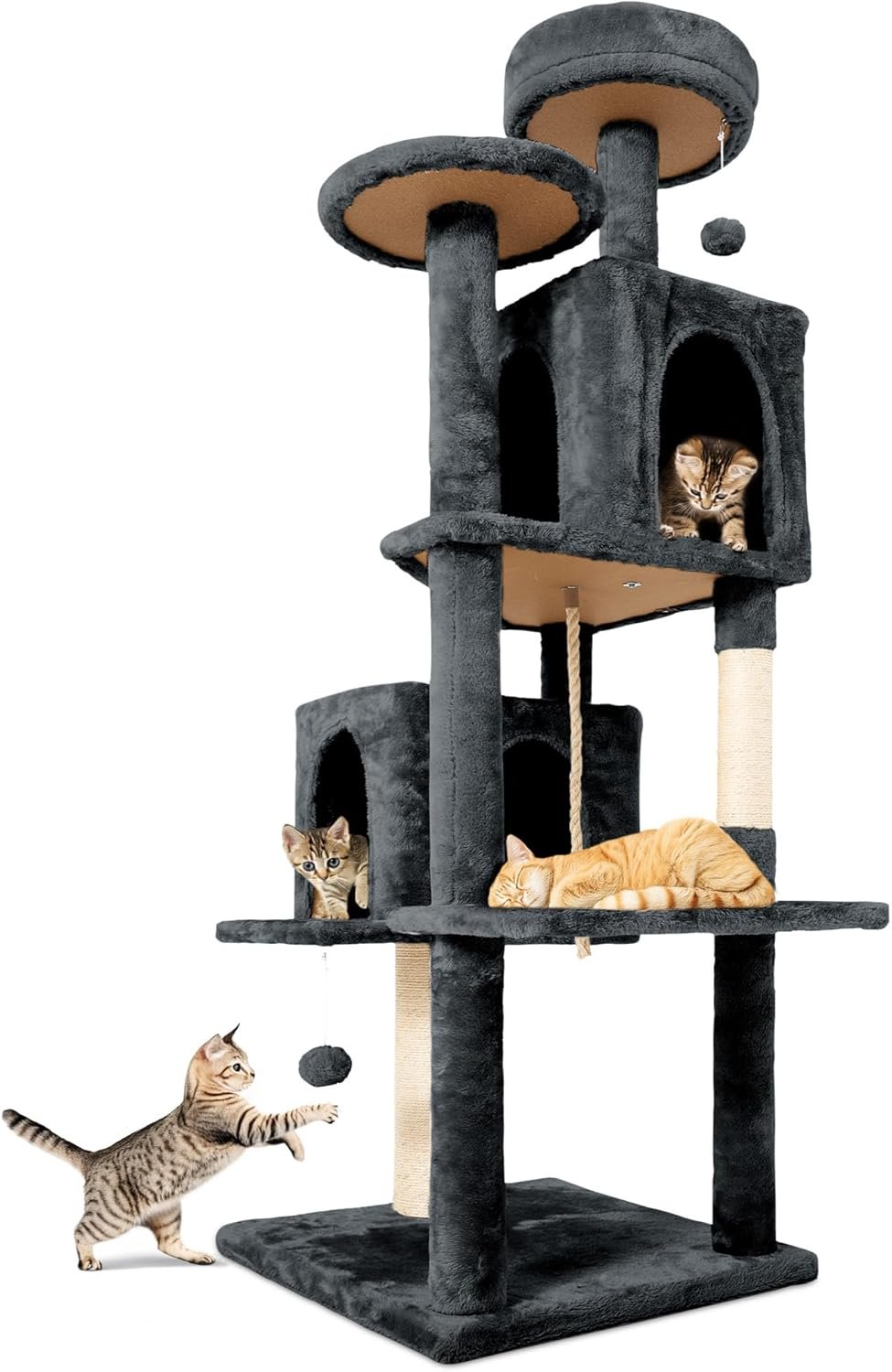 58.5inch Large Cat Tree Tower Condo for Indoor Cats, Soft Plush Multi-Level Climbing Tree Cat House with Cat Cave, Scratching Post, More Entrance/Exit, Sisal Rope, Grey Black