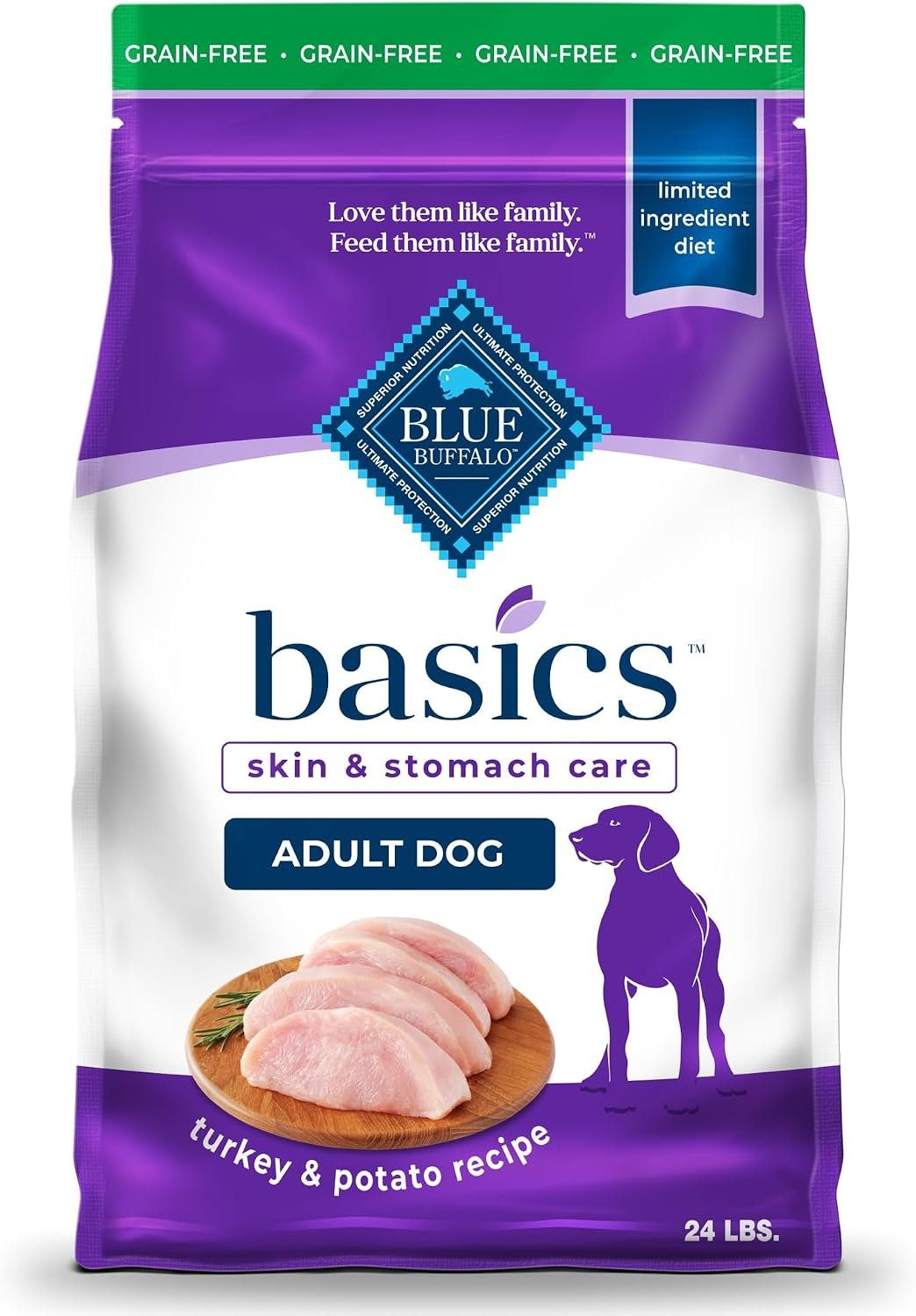 Blue Buffalo Basics Turkey Adult Grain-Free Dry Dog Food, 24 lb | Skin & Stomach Care, Real Turkey #1 Ingredient, Limited Ingredient Diet, Antioxidant-Rich LifeSource Bits, Skin & Coat Health