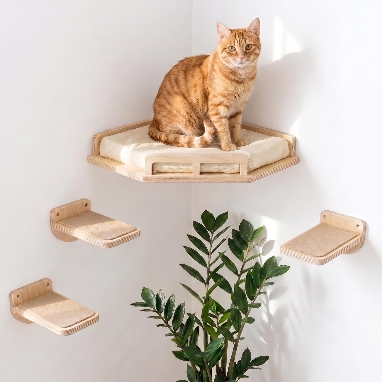 INICIO Cat Wall Shelves – Corner Shelf with 3 Cat Wall Steps – Natural Wood | Safe and Sturdy Cat Shelves for Wall, Steps and Shelf for Indoor Cats up to 15lbs – Cushioned Perch for Climbing and Playing