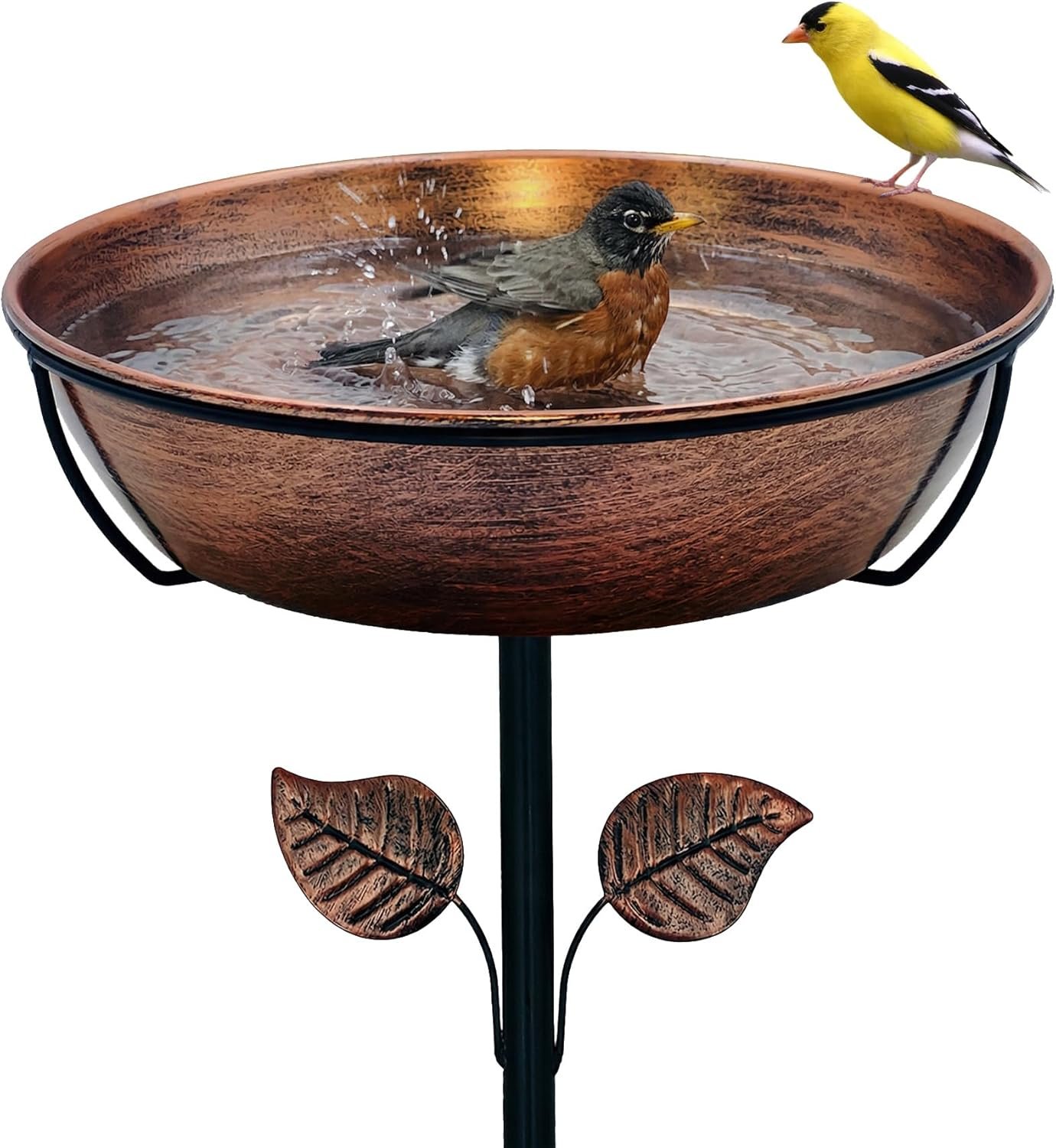13″ Metal Bird Bath for Outside, 3″ Deep Removable Bowl with Stable Stake | Easy Cleaning, Vintage Garden Style, Weather Resistant Finish, 1.4 Gallon Capacity, Bird Feeder, Adjustable Height