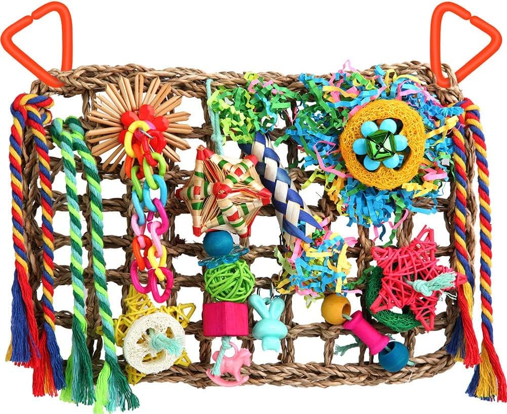 Foraging Toys for Parakeets Cockatiel Conures Lovebirds – Seagrass Wall with Various Bird Toys