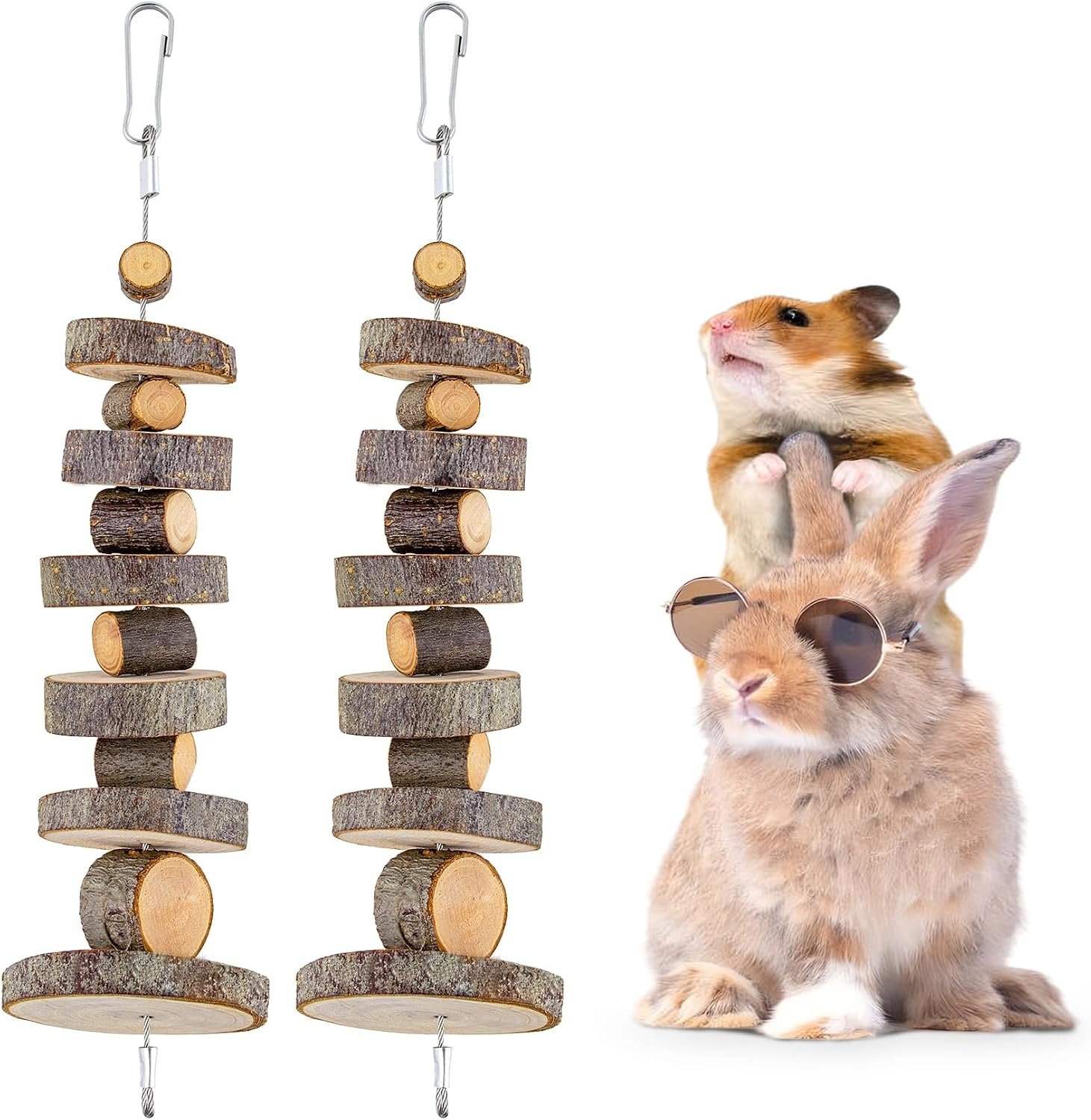 Small Animal Chews Toy Apple Wood Block Cage Hanging Molars Treats Snack | for Hamsters Rabbits Bunny Bird Parrots Chinchilla Guinea Pig Gerbils Squirrels, 2 Pack
