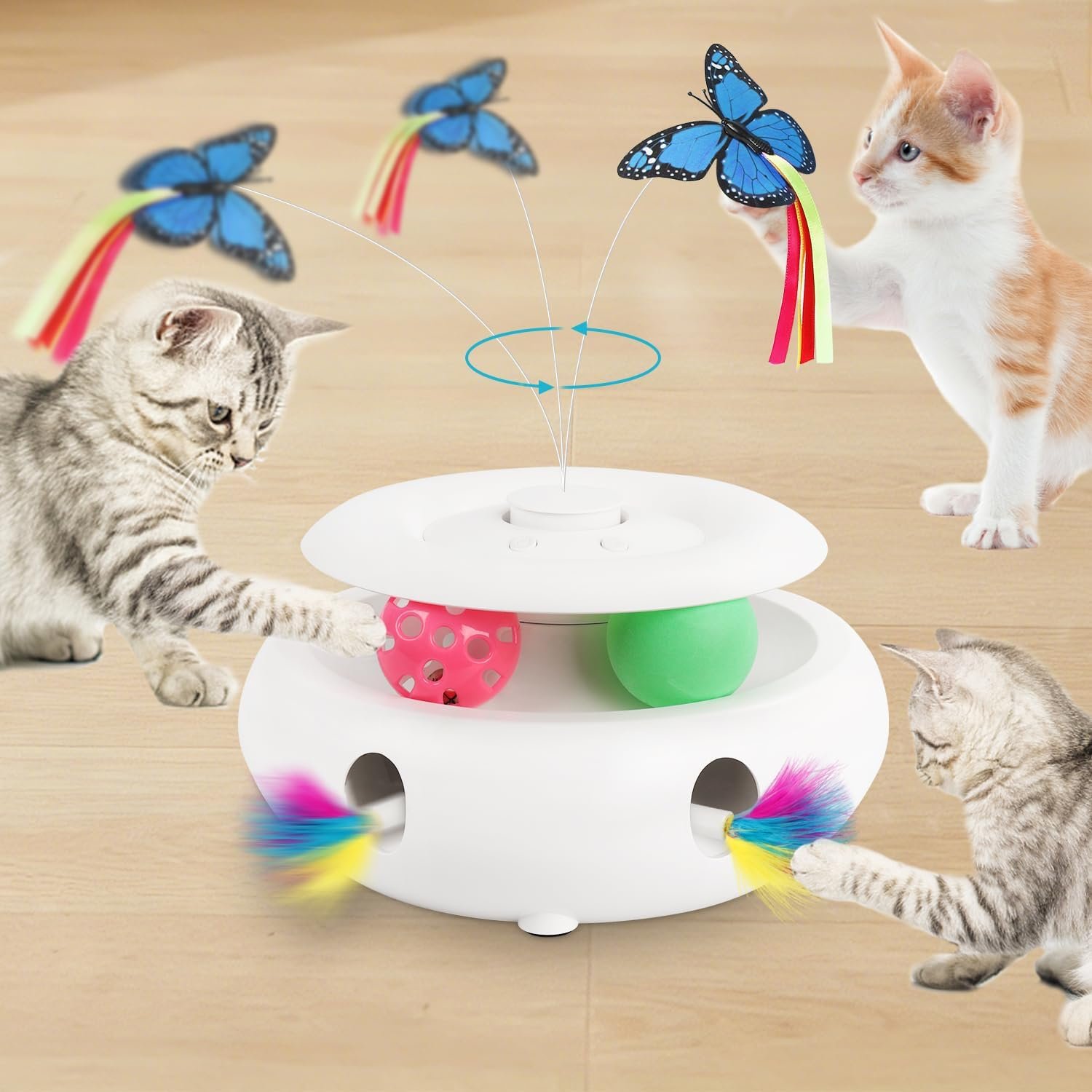 Cat Toys for Indoor Cats, 3-in-1 Interactive Cat Toy Automatic Kitten Toys with Fluttering Butterfly, Ambush Feather and Track Balls, Smart Sensor Wake-Up,USB Powered, Exercise & Boredom Relief