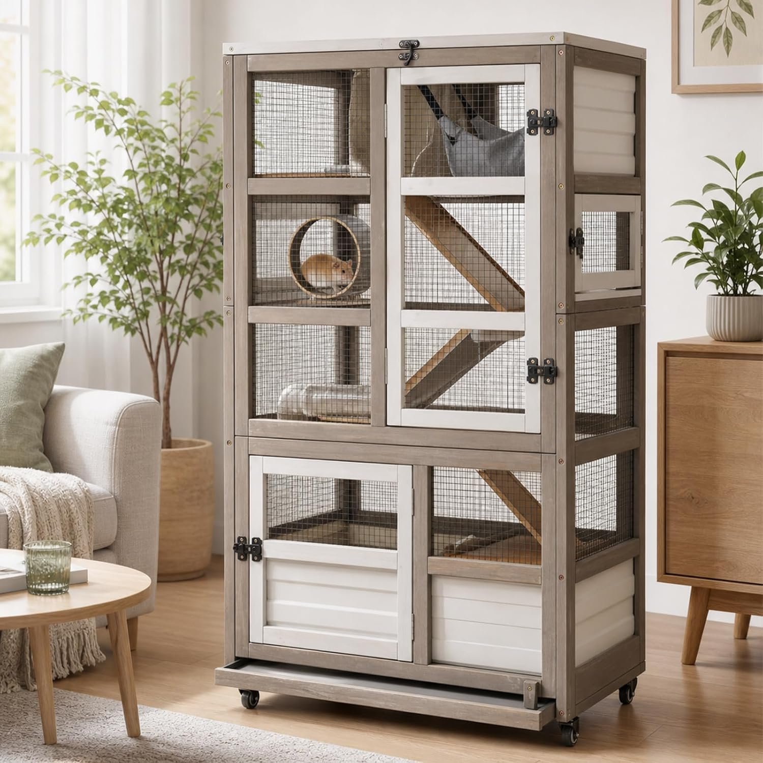 Furniture Style Small Animal Cage, 5-Tier Wooden Guinea Pig Cage, Hamster Cage Indoor Enclosure, Multi-Level Small Animal Habitat with Openable Roof, Rolling Wheels