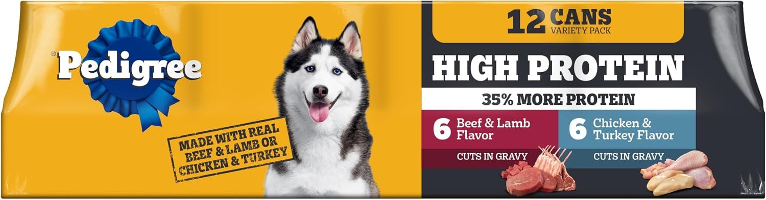 Pedigree High Protein Cuts in Gravy Pack Wet Dog Food, 13.2 oz, 12 Count | Beef, Lamb, Chicken & Turkey, slow cooked real meat, 40g+ protein per can, serve as topper or complete meal, canned dog food