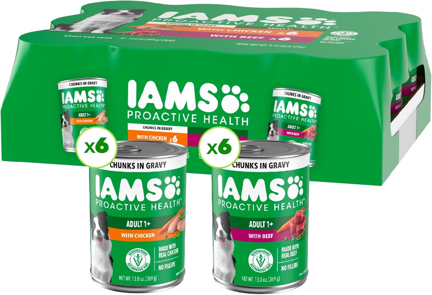 IAMS Proactive Health Pack Wet Dog Food, Beef & Chicken, 13 oz, 12 Pack | Chunks in Gravy, Omega 6 Fatty Acids, supports healthy skin, muscles & digestion, 13 oz. Cans, no artificial flavors
