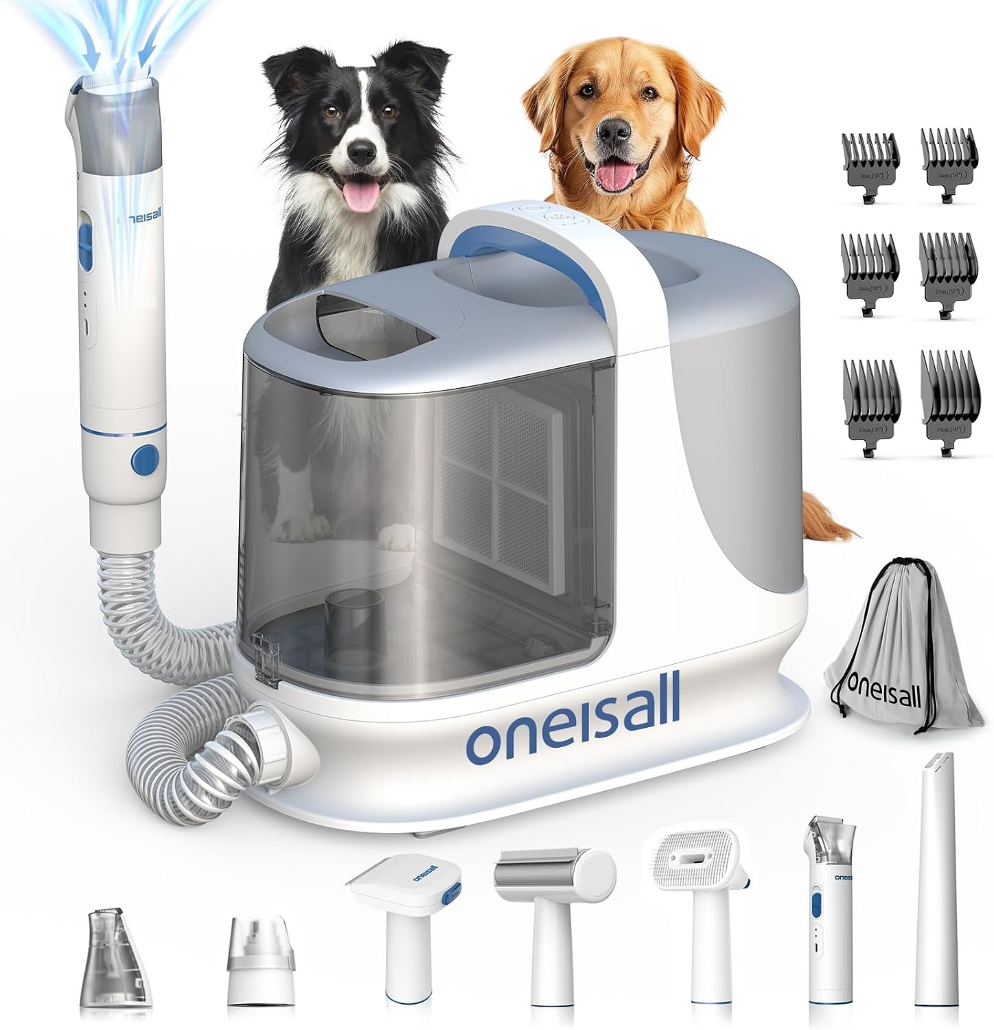 oneisall Dog Grooming Vacuum Kits with Clipper | Exatra Large 3L Dust Cup,13KPa 3 Suction,Clipper,Nail Grinder & Shedding Brush 7 in 1 Grooming Kits,Low Noise,BM3