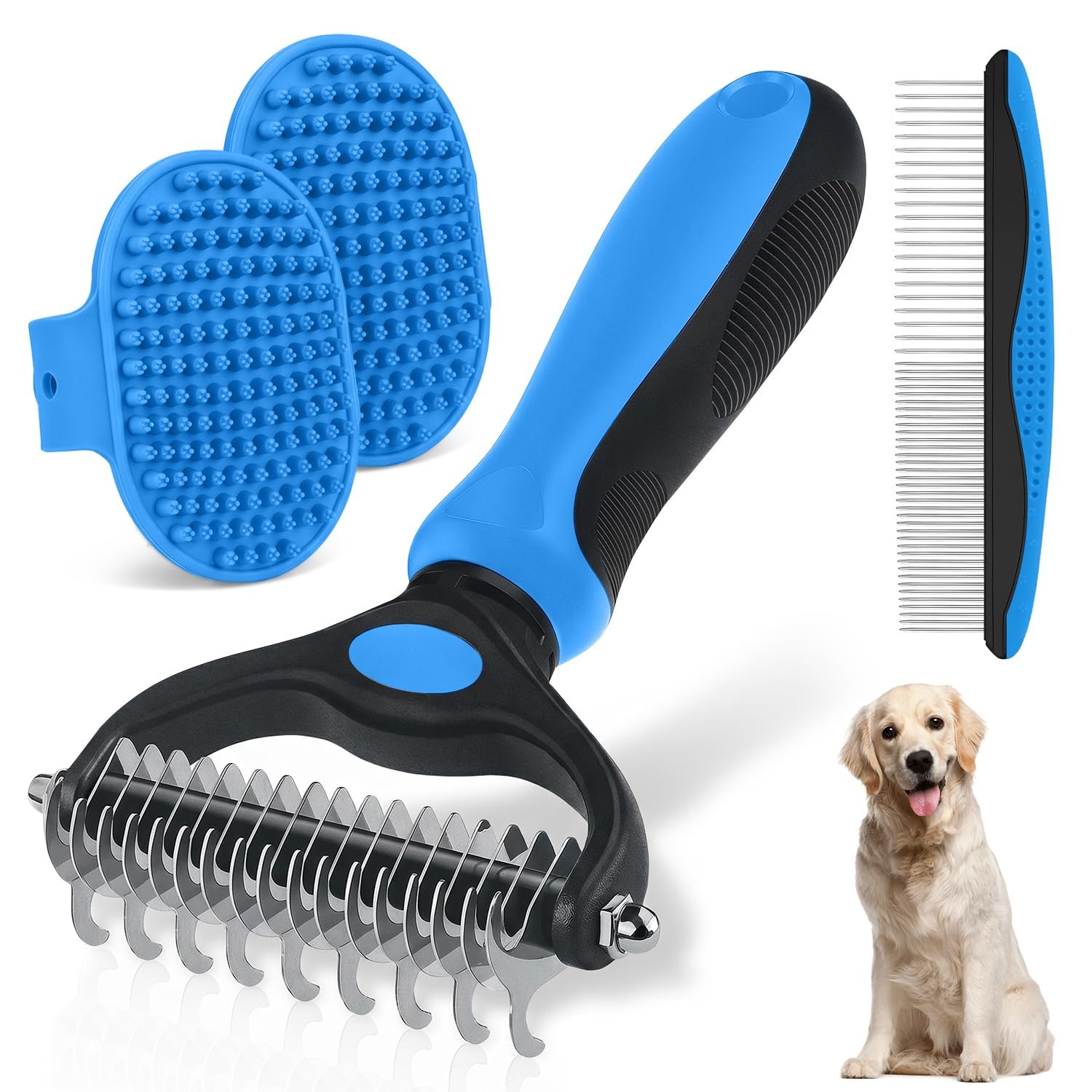 Double-Sided Pet Grooming Rake – 4-in-1 Professional Pet Grooming Kit Deshedding Dematting Tool for Dogs Cats Extra-Wide Grooming Brush & Deshedder Comb for Long & Short Haired Pets (Blue Kit 4PCS)