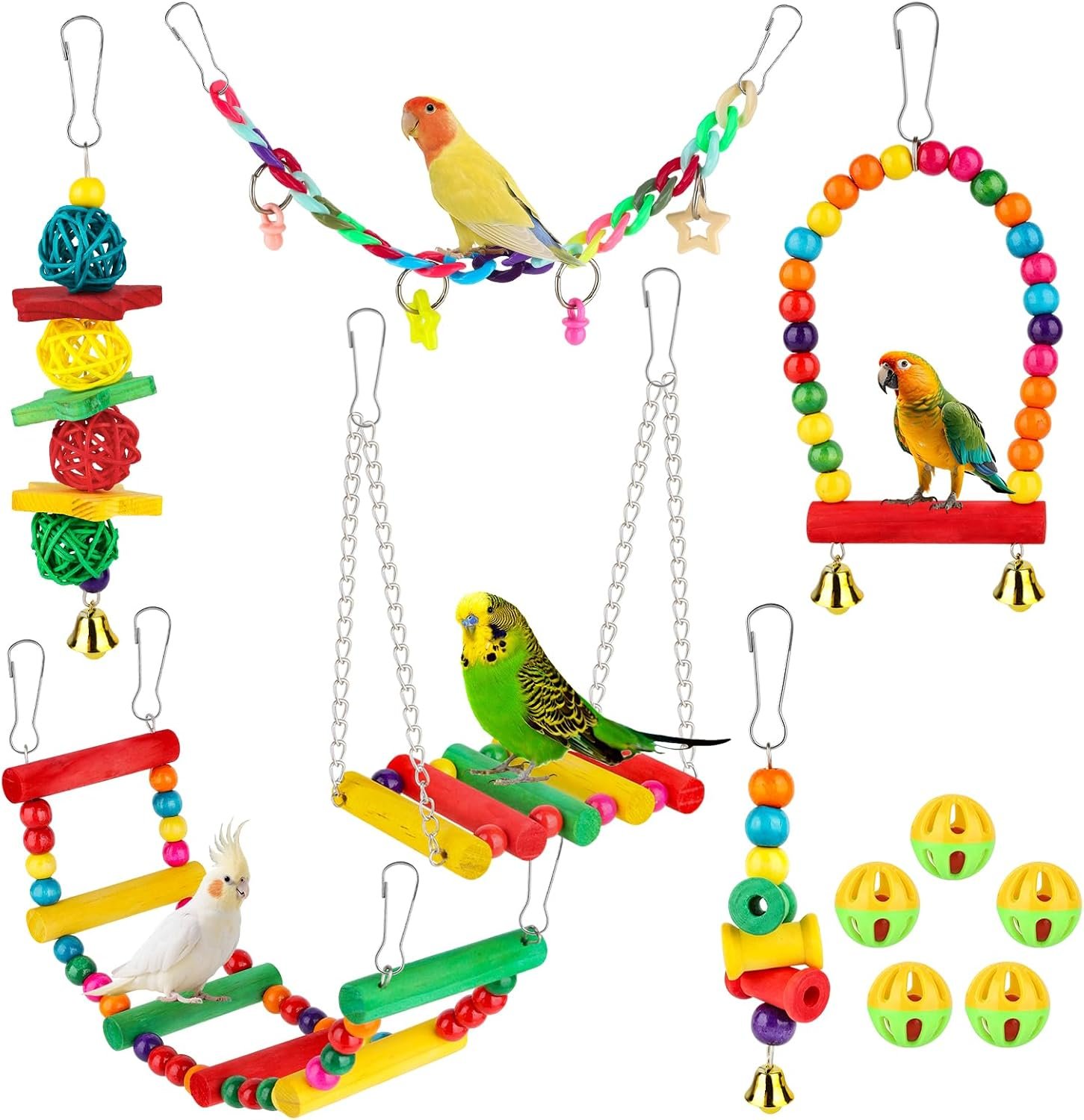 Bird Toys for Parakeets Bird Swings Hanging Standing Chewing Toy Hammock Climbing Ladder, Cage Colorful Toys Suitable for Budgerigar, Cockatiel, Conure, Finches, Mynah, Love Birds