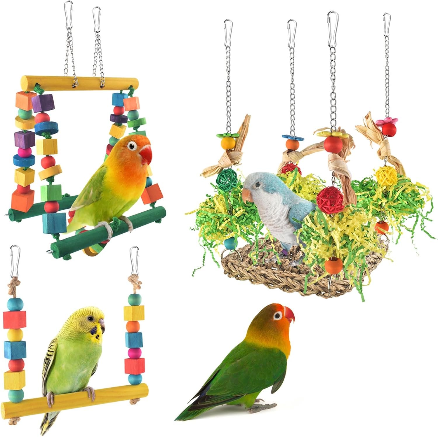 DBNESS Bird Hammock Toys Parakeet Perches Swing, 3in1 Detachable Parrot Cage Accessories, Wooden Hanging Chew Toys for Medium Conure Cockatiel Quaker Lory