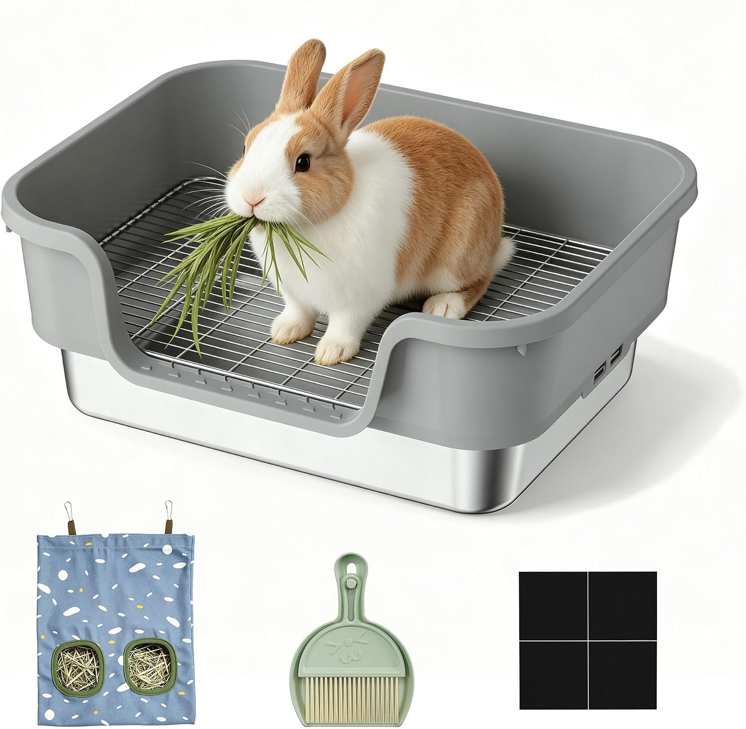 Bunny Litter Box – Stainless Steel Sifting Rabbit Litter Box with Hay Feeder and Metal Grate, Split Double-Layer Metal Pet Toilet for Hamster Guinea Pig Ferret Chinchilla and Small Animals