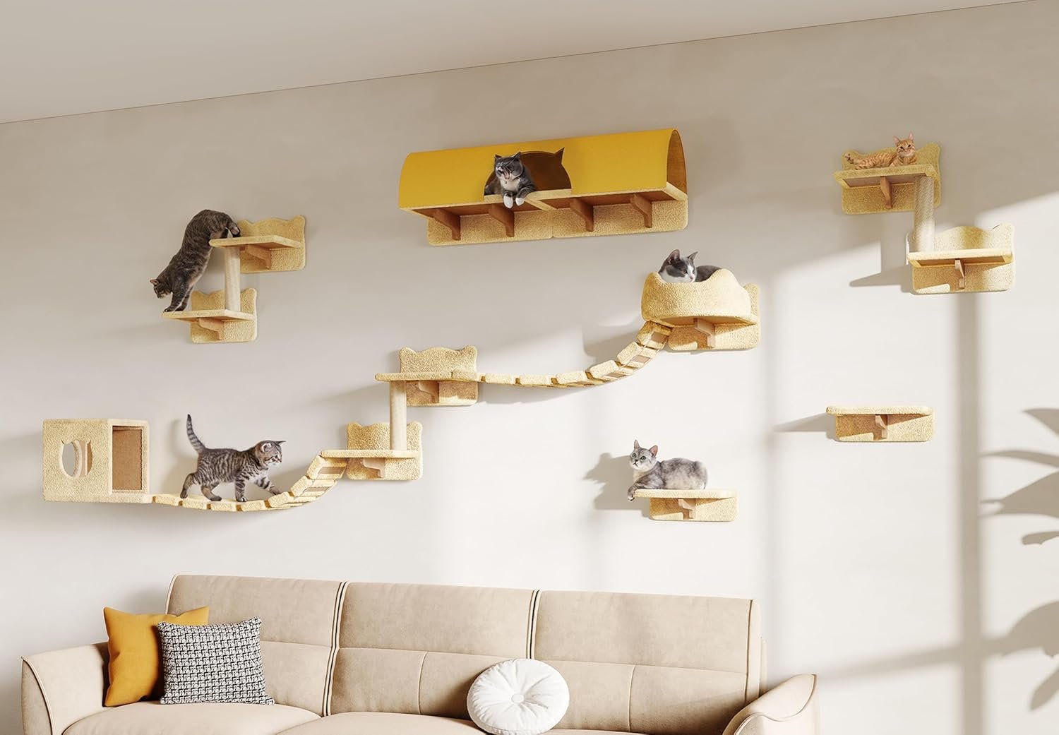 16-in-1 Cat Wall Shelves, Cat Furniture w/Tunnel & Bridge, Beige | Wall Mounted Cats Shelf Set with Plush Fabric, Cat Climbing Wall Systems for 16 Inch Drywall, with Scratching Posts, Condos