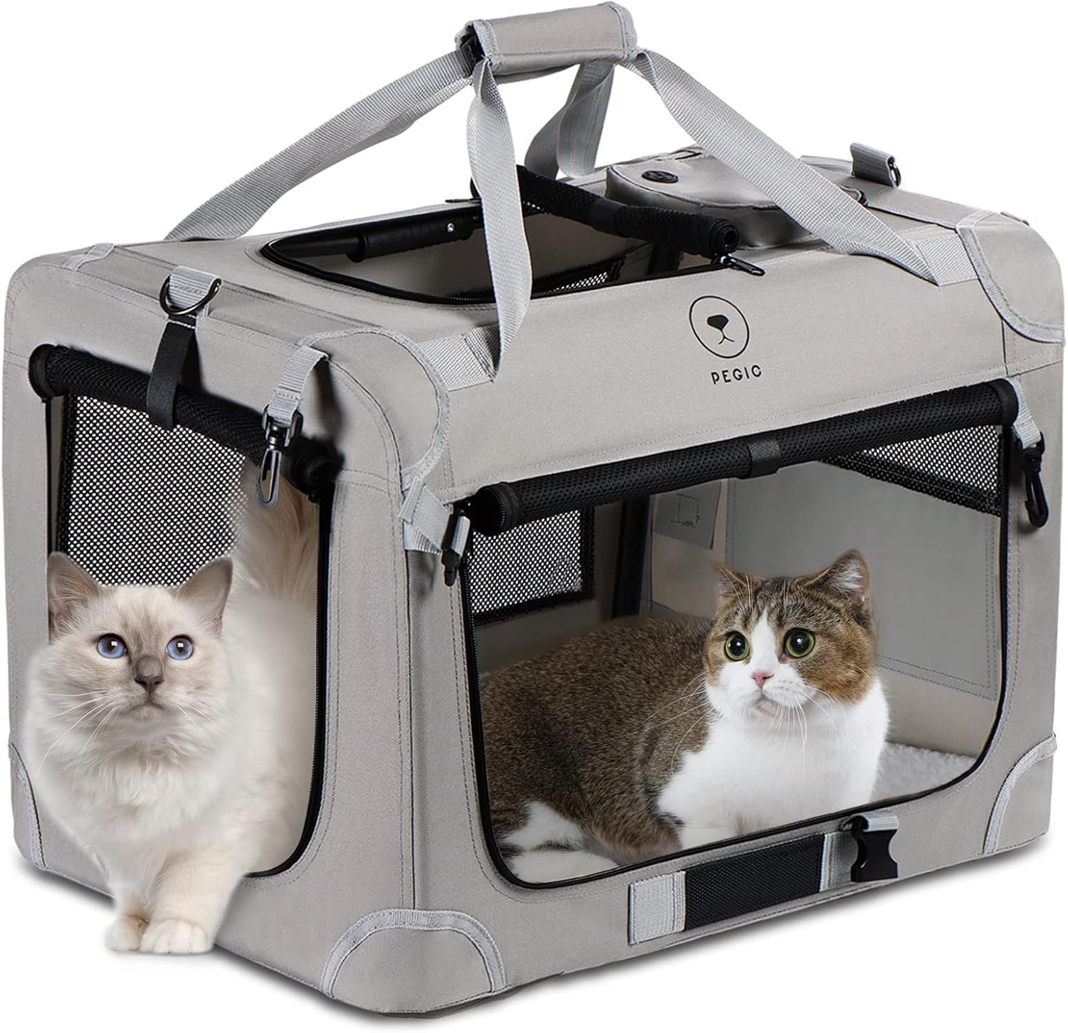 PEGIC Extra Large Cat Carrier for 2 Cats, Grey, X-Large | Portable Soft Sided, 24″×16″×16″, Indoor and Outdoor Uses, For Car Traveling, Vest Visits