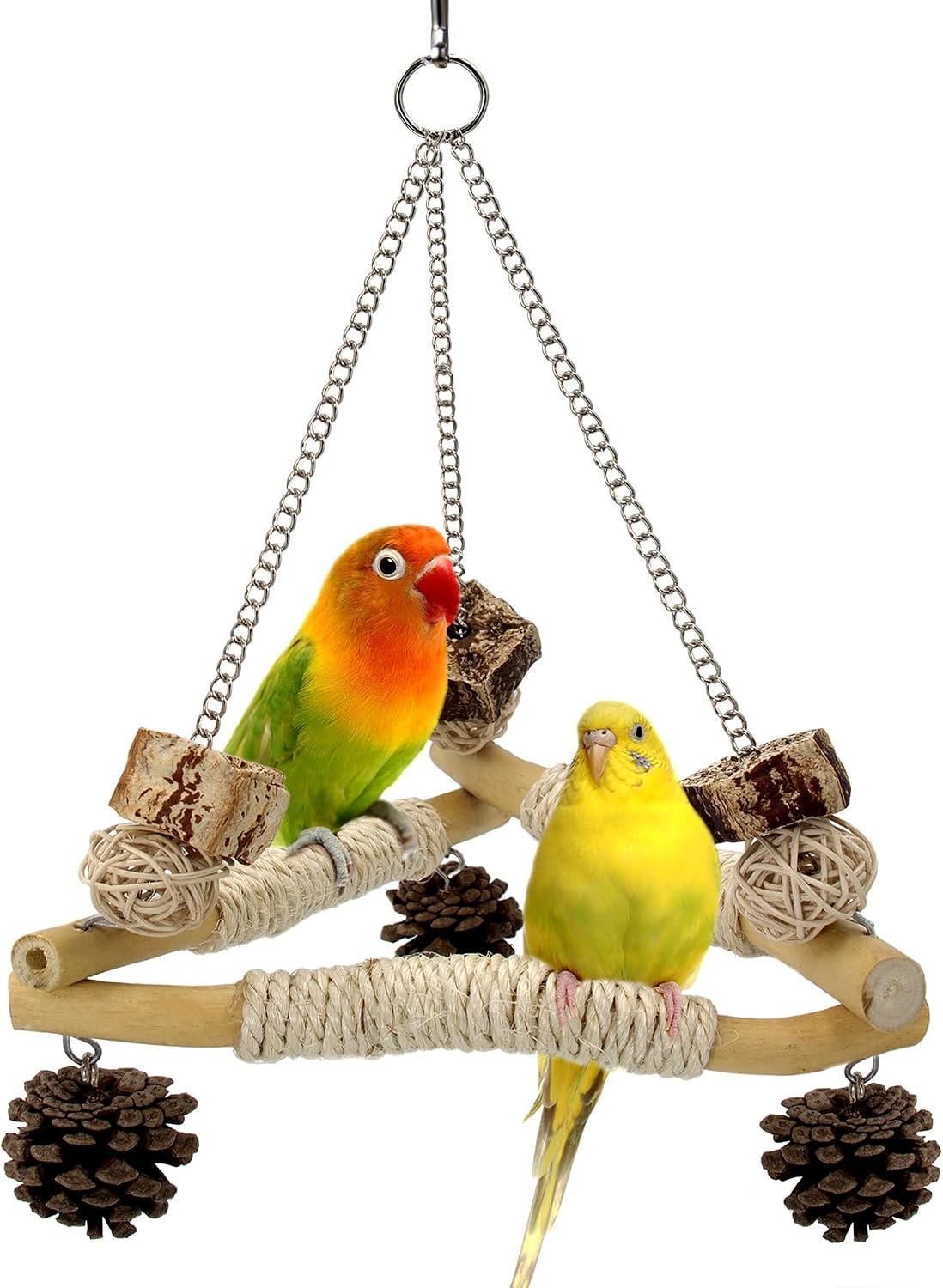 Bird Swing for Cage with Chew Toys, 3 Sisal-Wrapped Stable Perches(S) | Stable Triangle Design Parrot Perch Swing, Wooden Hanging Parakeet Toys for Cockatiel Lovebird Conure Quaker Balance Training