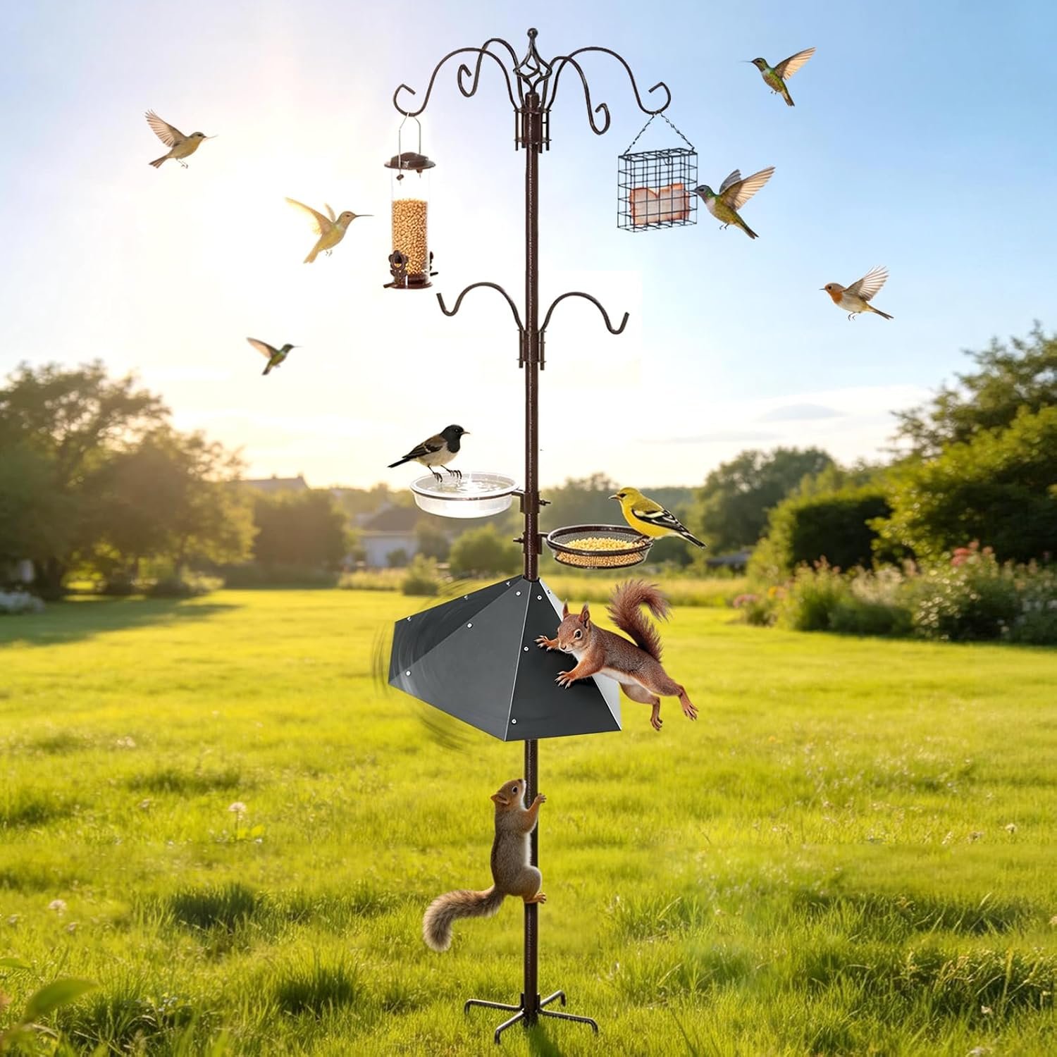 94″ Bird Feeding Station Kit with Metal Squirrel Baffle, Heavy Duty Metal Bird Feeding Station with Seed Tray＆Mesh Basket, Easy Assembly Ground Mounted Bird Feeder Pole for Garden Yard Outdoor