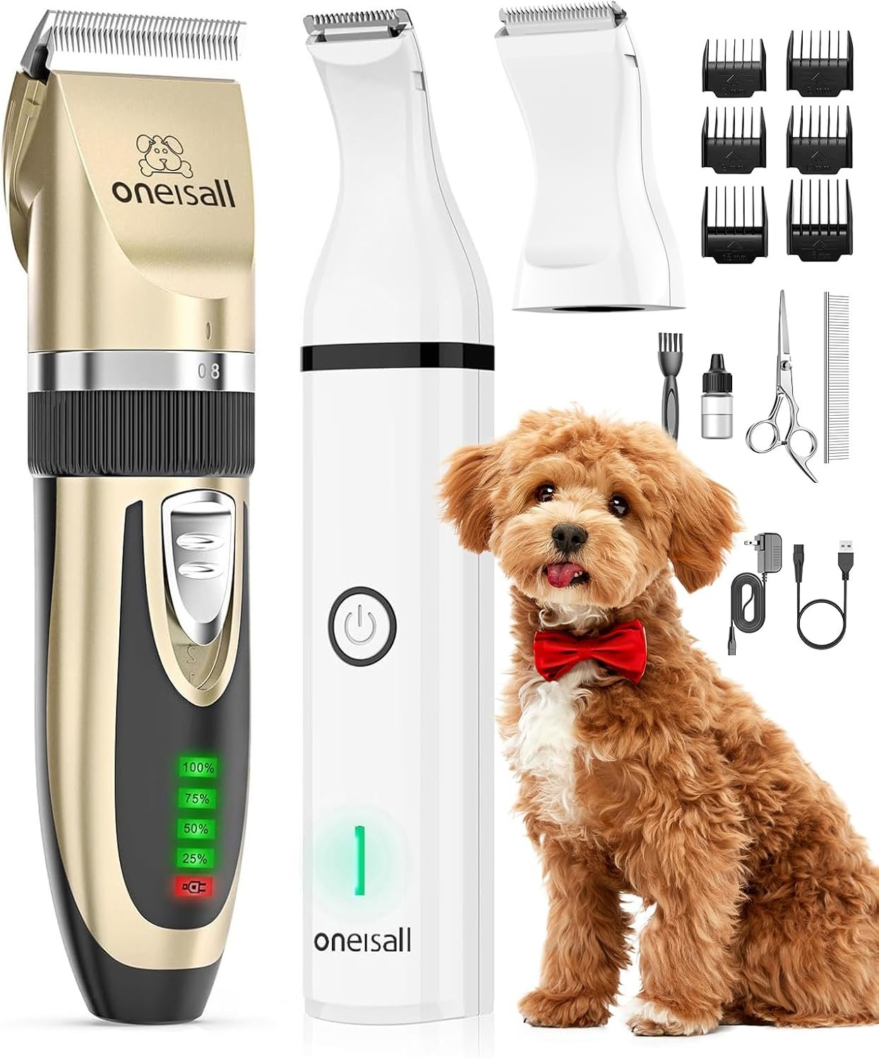 oneisall Dog Clippers and Paw Trimmer Kit for Small Large Dogs Cats | Low Noise, Powerful Motor, Cordless & Long Battery Life, Simple for Beginners, 6 Guide Combs, Removable & Rinsable Blade